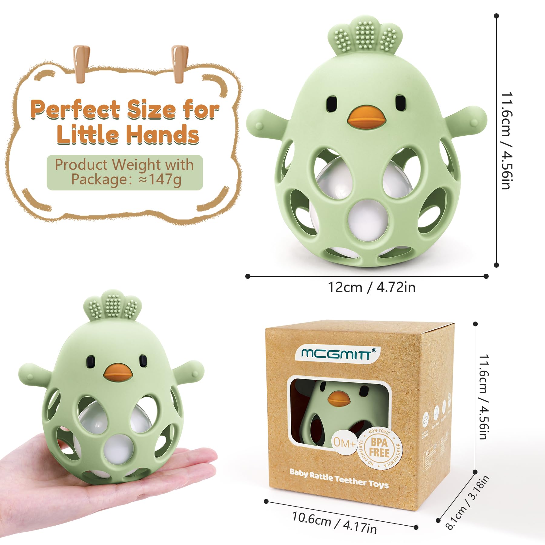 MCGMITT Massaggiagengive in Silicone con Sonaglio – Palla Flessibile da Presa a Forma di Pulcino Priva di BPA Morbida e Facile da Tenere Giocattolo Montessori per la Dentizione Bambini – Verde