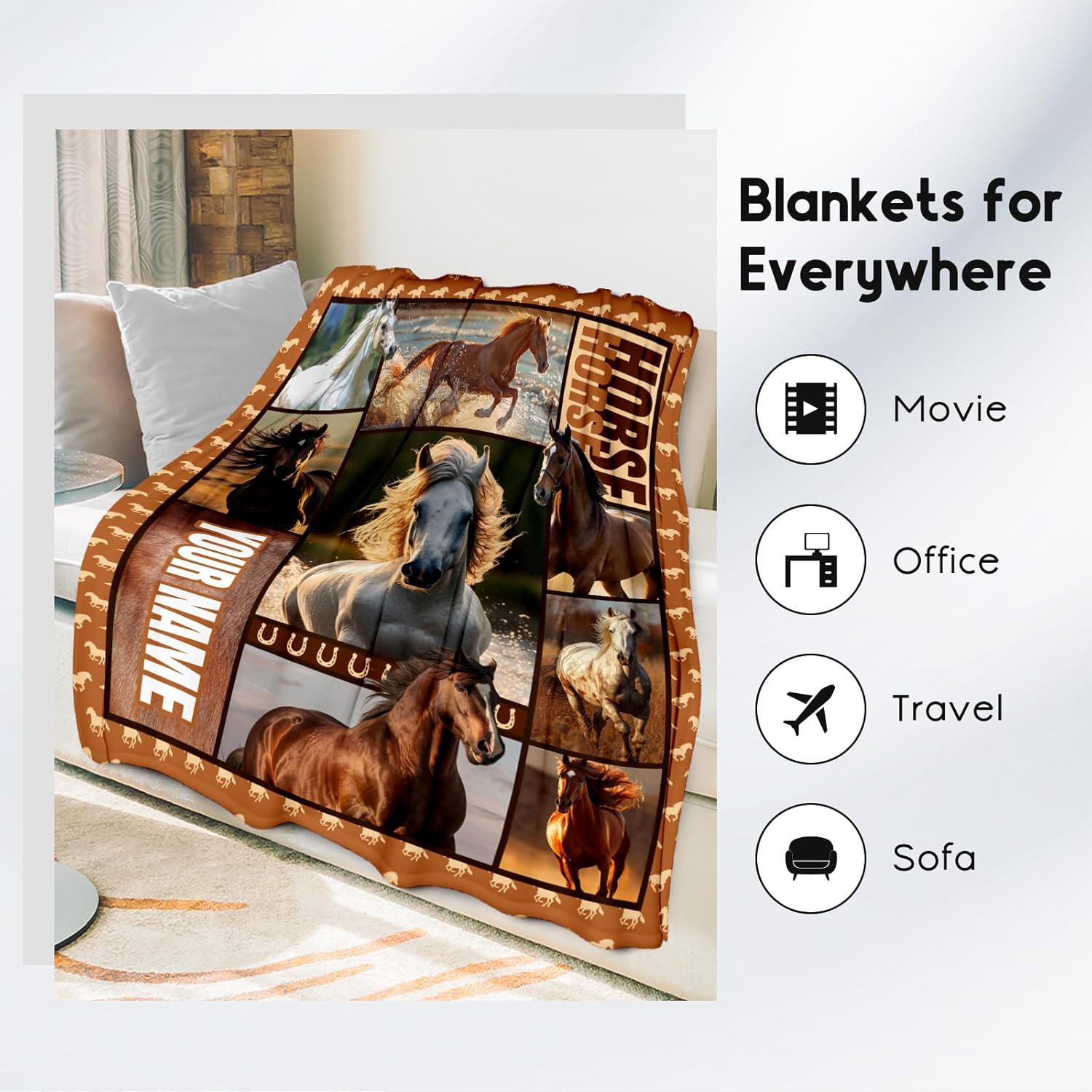 Custom Girls Blanket, Personalized Horse Gifts for Girl Ages 8-12 10-12, 60"x80" Kids Throw Blankets for Adults Women, Cowgirl Room Decor Western Throws for Animal Lovers