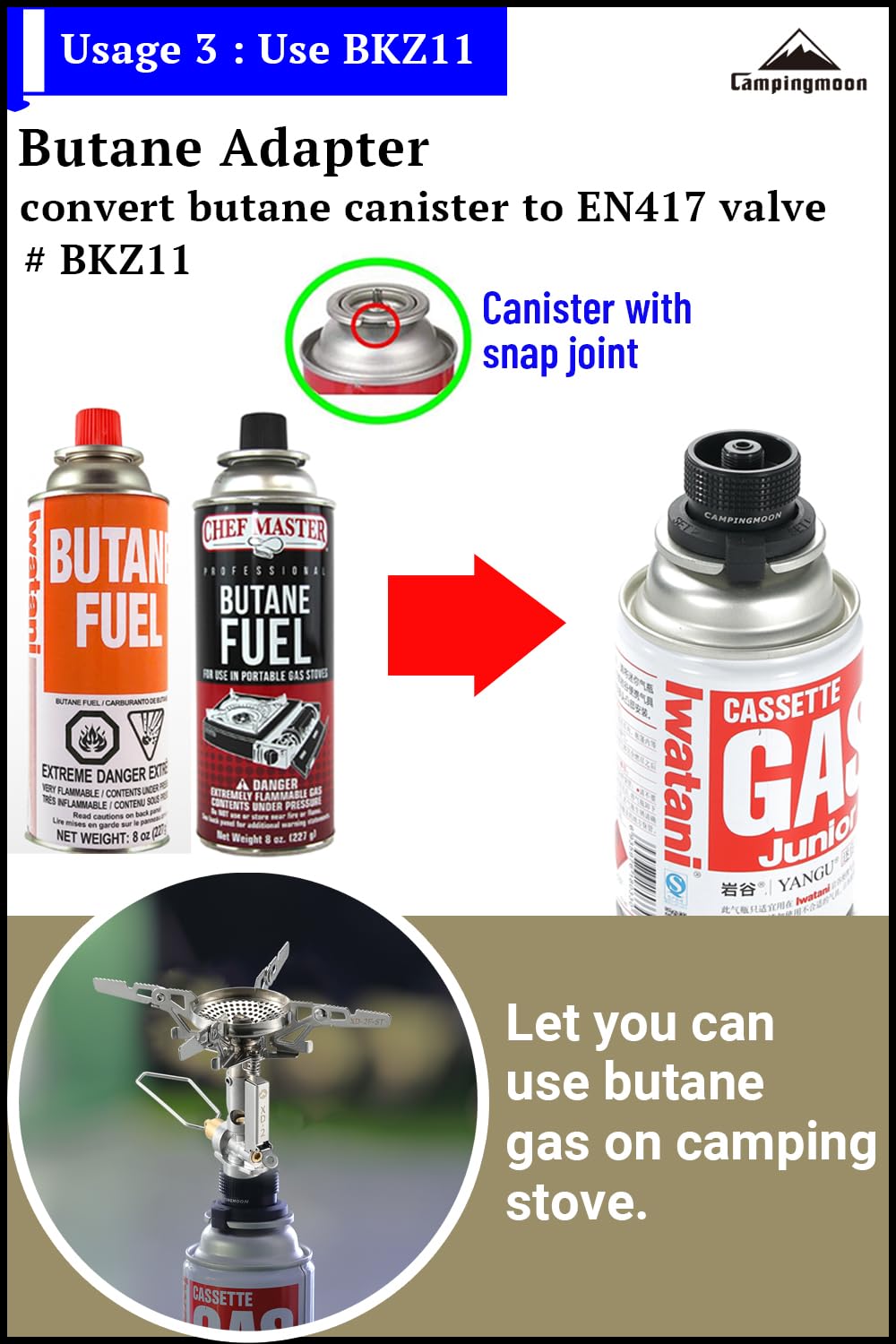 Campingmoon BKZ15/BKZ11 Adaptateur de recharge de bidon de gaz butane vers isobutane Noir