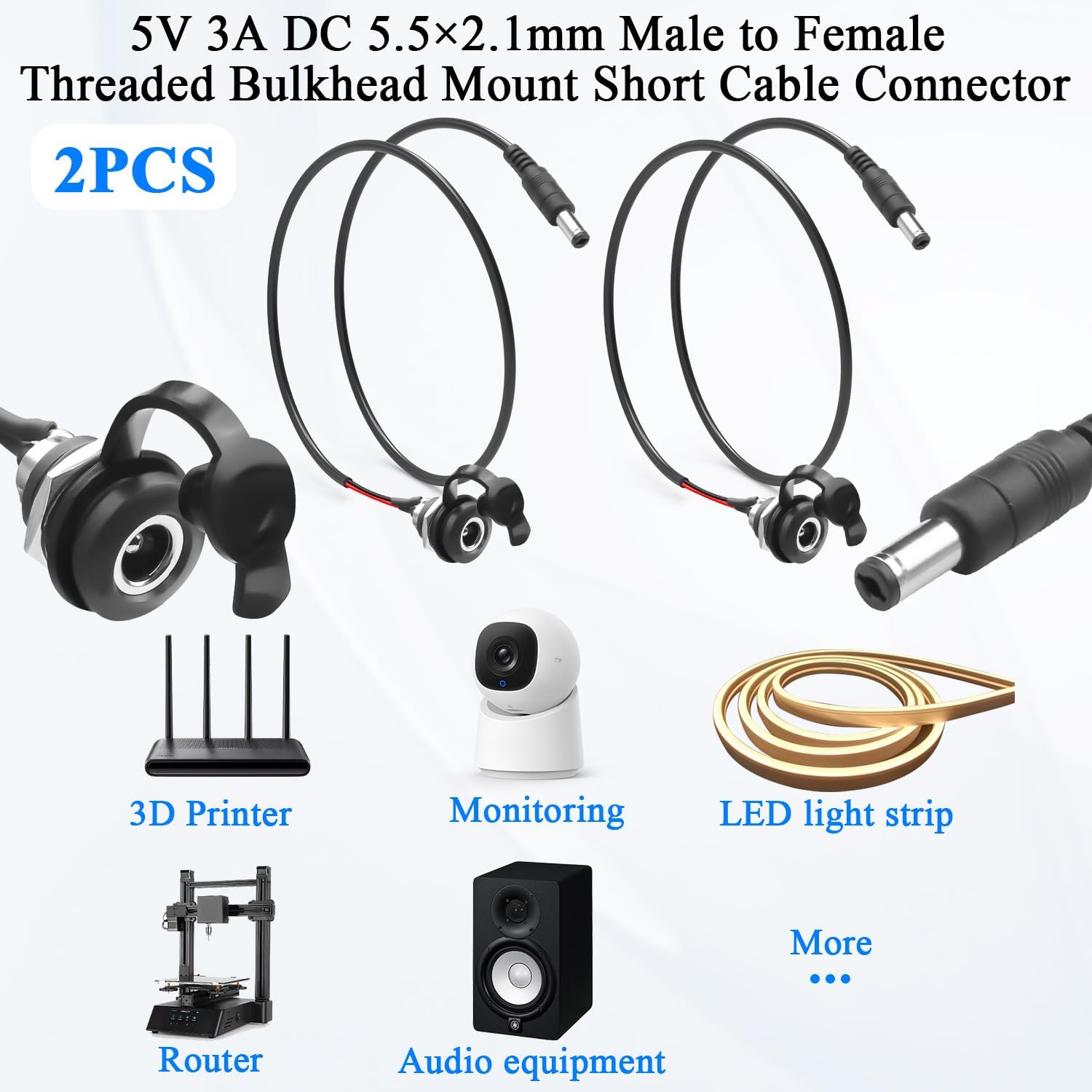 QIANRENON DC 5.5×2.1 Threaded Fixed Short Cable Power Socket Adapter 5V3A DC 5521 Male to Female Bulkhead Mount Charging Port Waterproof Connector, for DIY Repair Expansion DC5521, 50cm/19.6in, 2Pcs