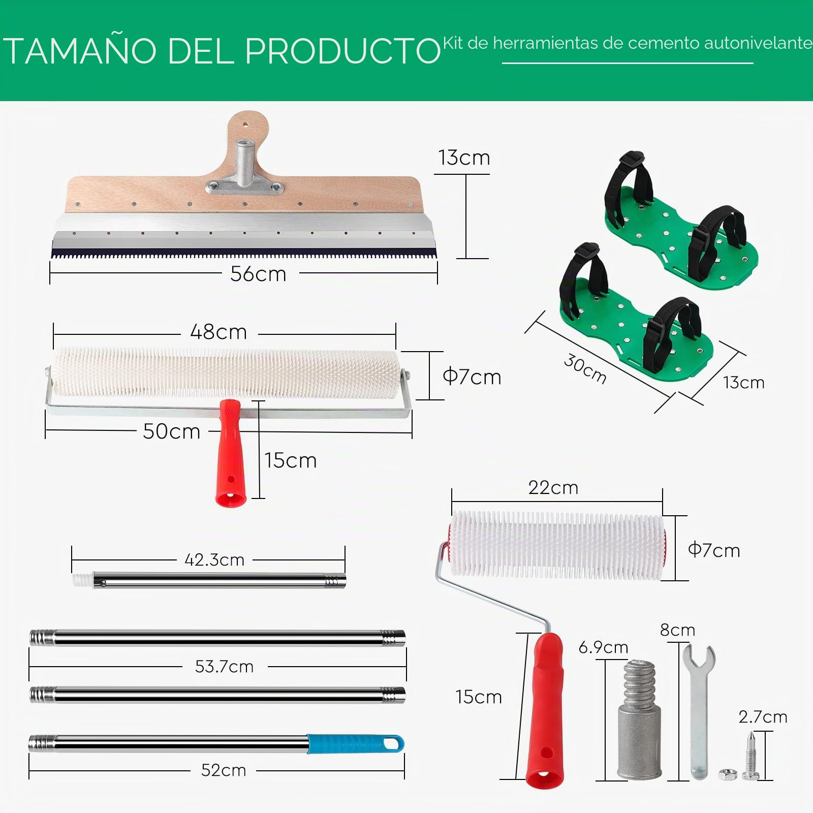 CPROSP 5pcs Kit de Herramientas de Autonivelación de Cemento, 2*Rodillo de Puas Autonivelante(47cm + 21cm)+ Rascador de Acero Inoxidable 56cm+ Zapatos de Clavos 30cm+ Mango Telescópico 200cm