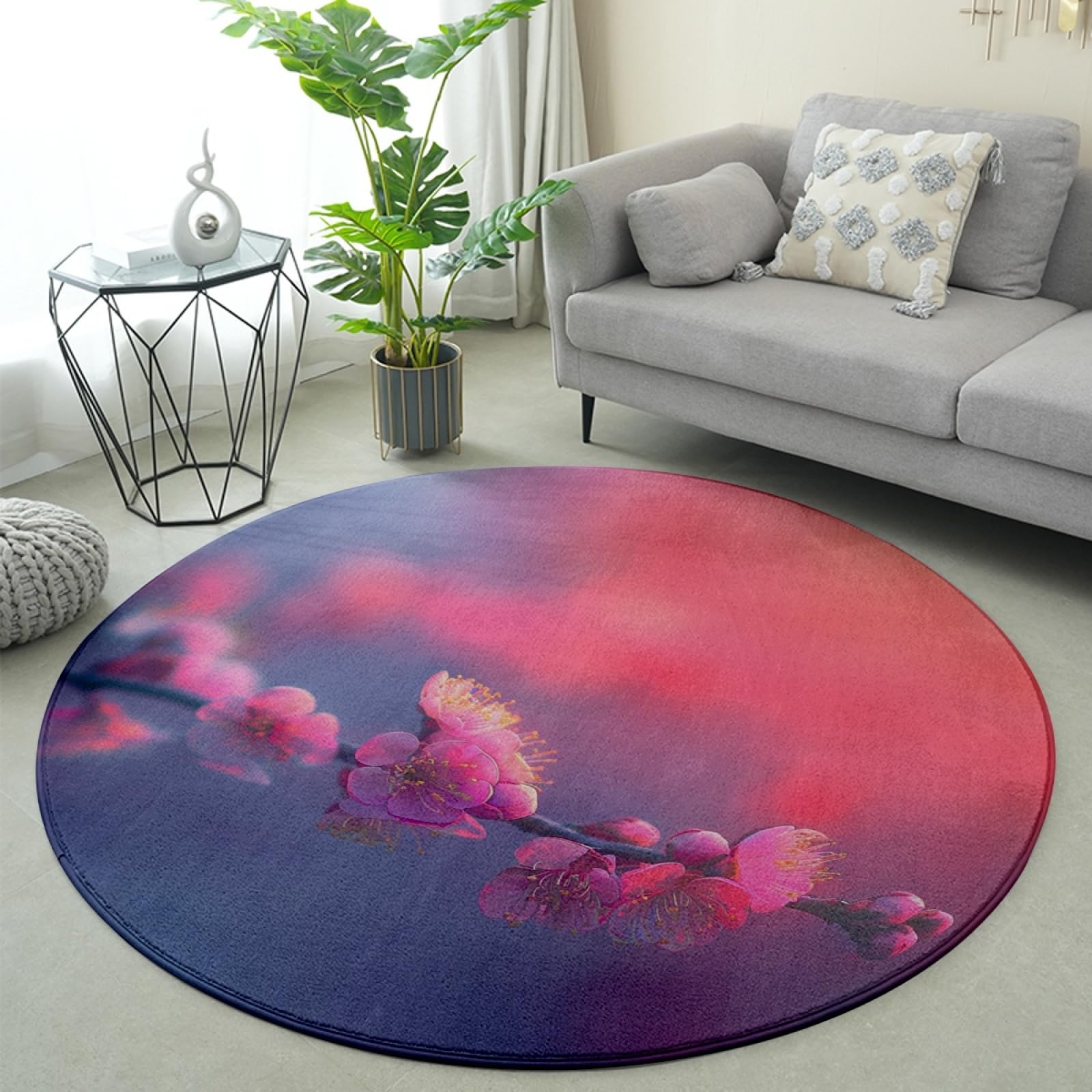 Teppich Rund 200Cm Waschbar Schöne Blumen Rutschfester Kurzflor Teppich Wohnzimmer, Schlafzimmer Carpet für Büro ， Eingangsbereich, Kinderzimmer