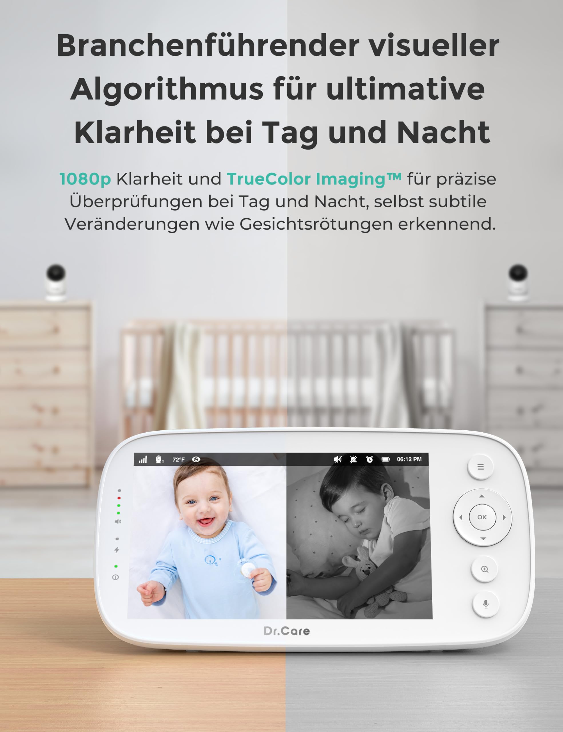 Dr.Care NovaView Pro Babyphone ohne WLAN mit Bewegungsmelder 5 Zoll 1080P Display 5000mAh Akku klare Nachtsicht Echtzeit VOX 2x/4x Zoom 300 m Reichweite 2-Wege-Audio Schwenk- und neigbare Kamera