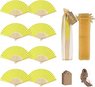 SWAWIS 28 Piezas Amarillo Abanicos de Papel, Abanico Plegable con 30 Bolsas de Organza y Tarjetas de Agradecimiento, Abanicos de Bambú para Bodas Bautizos Decoraciones Fiestas DIY