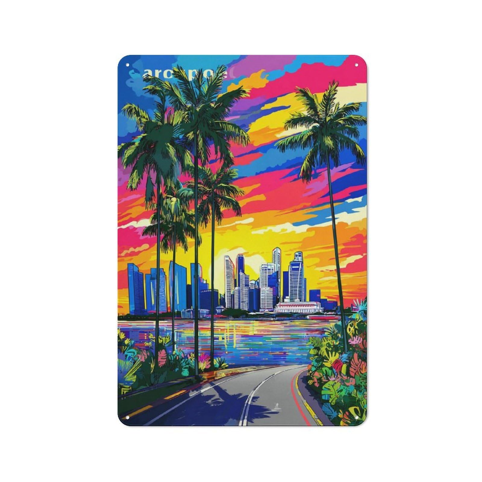 Retro Metal Sign with Vibrant Cityscape with Palm Trees Design 30x20cm, Nostalgic Vintage Wall Decor for Kitchen, Hallway, Bar Or Small Cafe