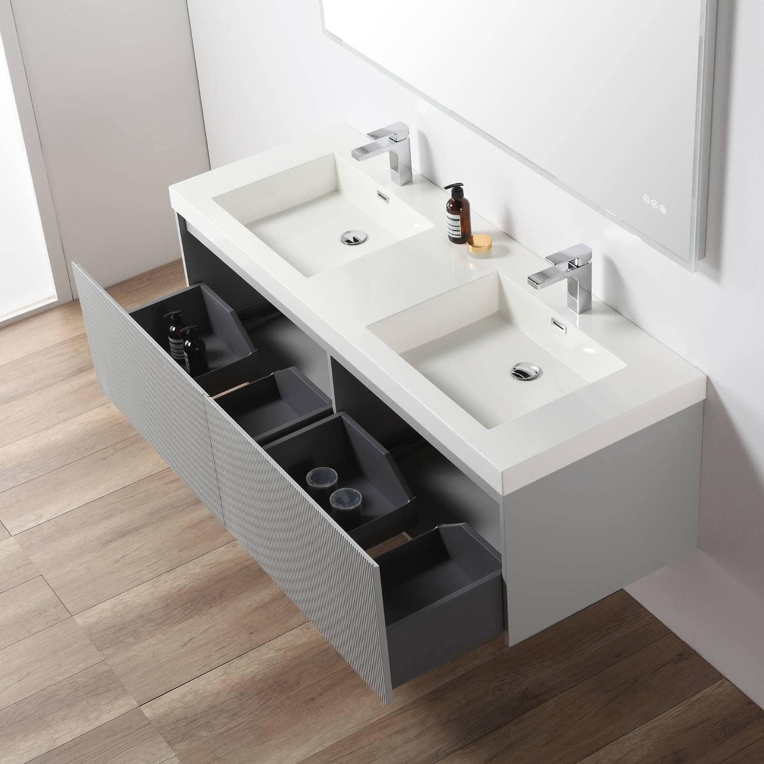 Blossom 60 Inch Solid Wood Double Sink Bathroom Vanity - Luxury Floating Master Bath Cabinet with 5-Layer Humidity Shield, Modern Light Grey, Soft-Close Drawers & Scratch-Resistant Acrylic Sink