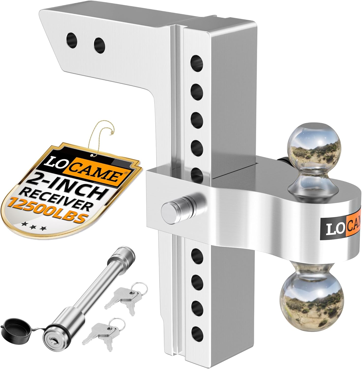 LOCAME Adjustable Trailer Hitch, Fits 2-Inch Receiver Only, 10-Inch Drop/Rise Aluminum Drop Hitch, 12,500 LBS GTW-Tow Hitch for Heavy Duty Truck with Double Stainless Steel Locks, Silver, LC0005 Silver 2" 10drop