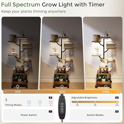 Miniatura 5 de Soporte para plantas de interior con luces de crecimiento, soporte para plantas de 7 niveles con ruedas, estante alto de metal y madera para plantas