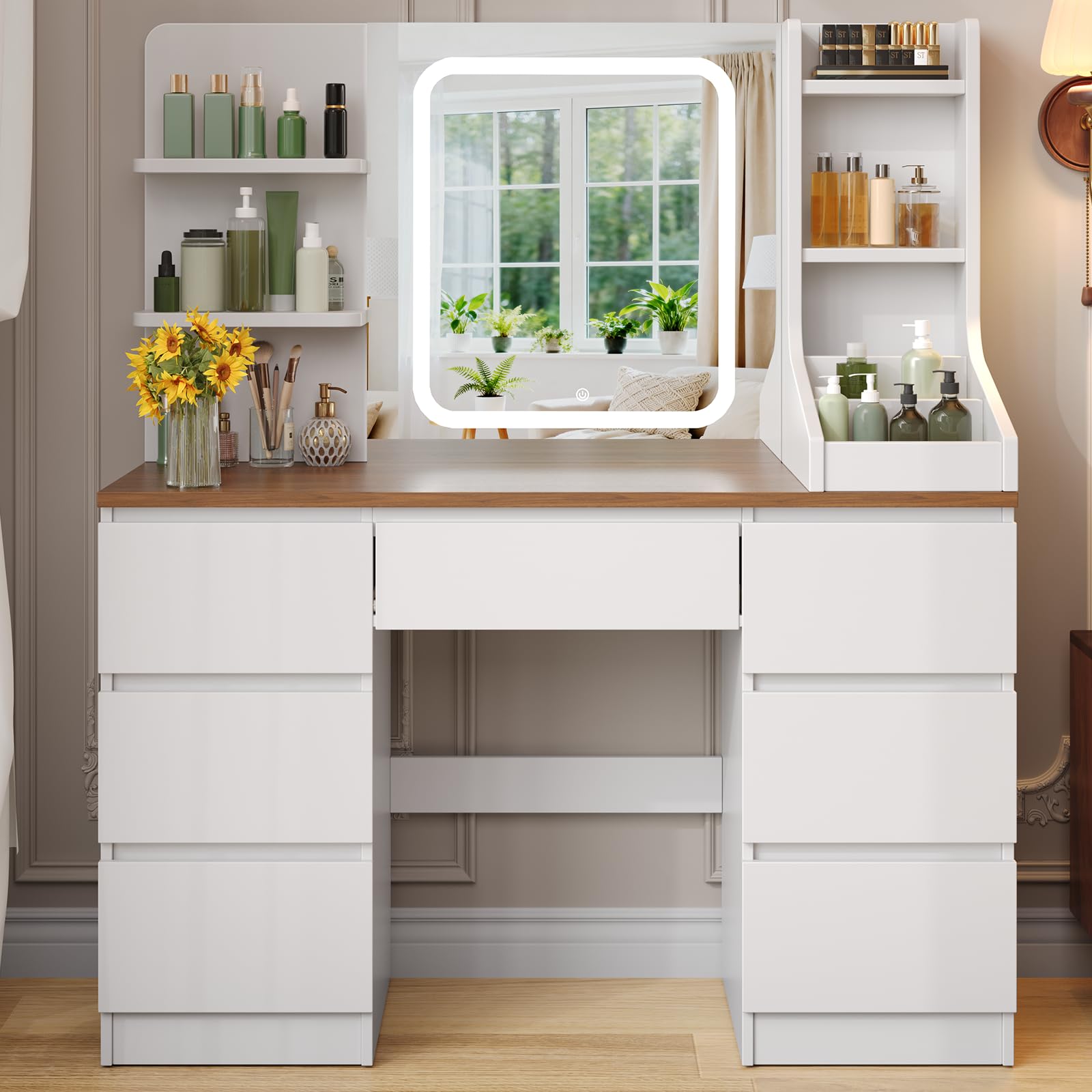 TRIUMPHKEY Dressing Table, Vanity Desk with LED Mirror, Adjustable Brightness, Modern Vanity Table with 7 Drawers, 4 Shelves and 3 Open Compartments for Bedroom, 108x40x139cm (White + Brown)