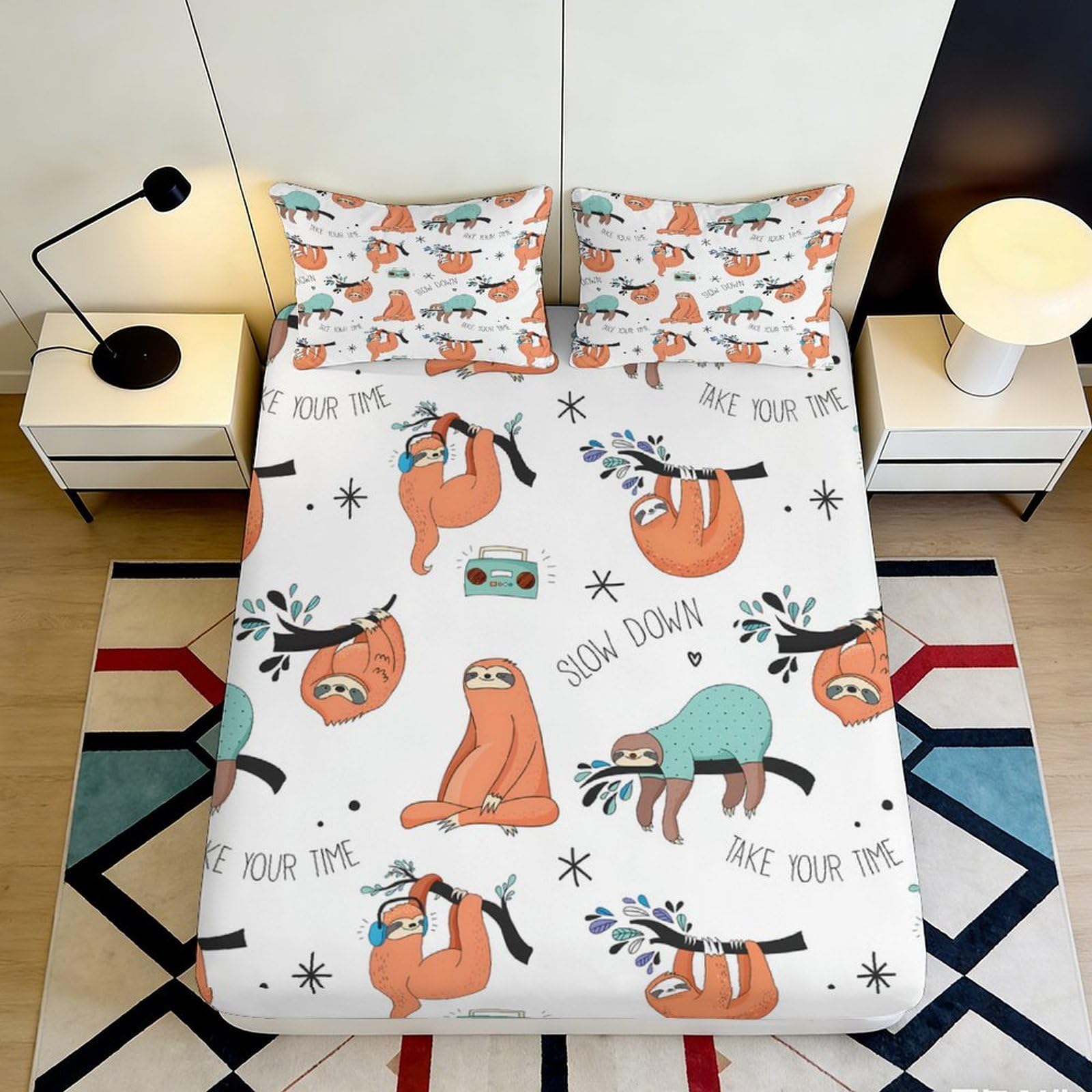 3D Printed Sloth Pattern Fitted Sheet Microfiber Soft Breathable Cartoon Animal Bed Cover for Bedroom Dormitory Guest Room Mattress Protection 140x200x25cm