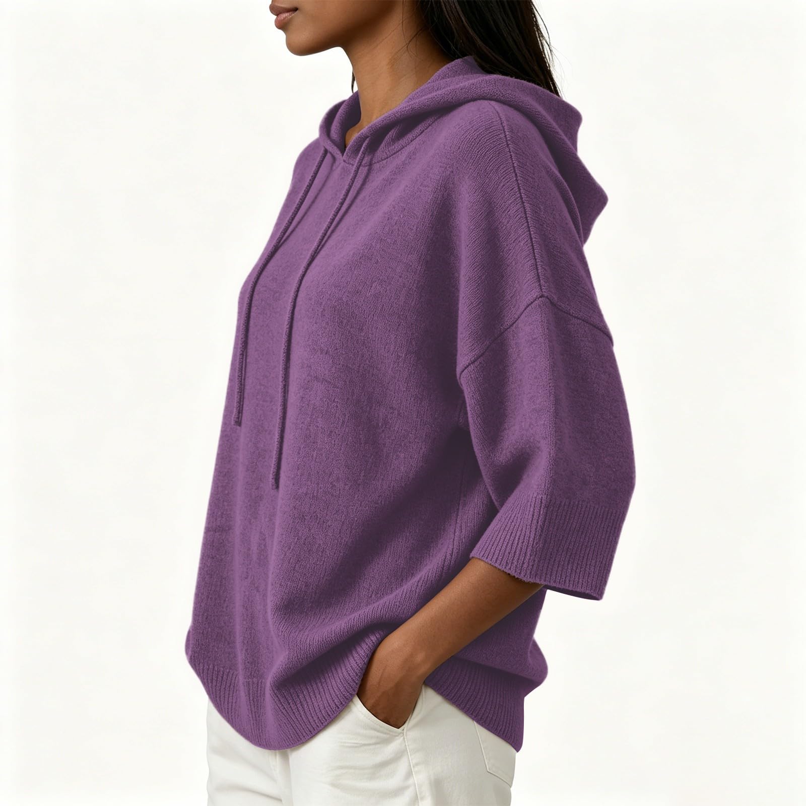Generisch Felpa oversize da donna, invernale, casual, a maniche lunghe, a 3/4, con cappuccio, tinta unita, alla moda, traspirante, per leggings