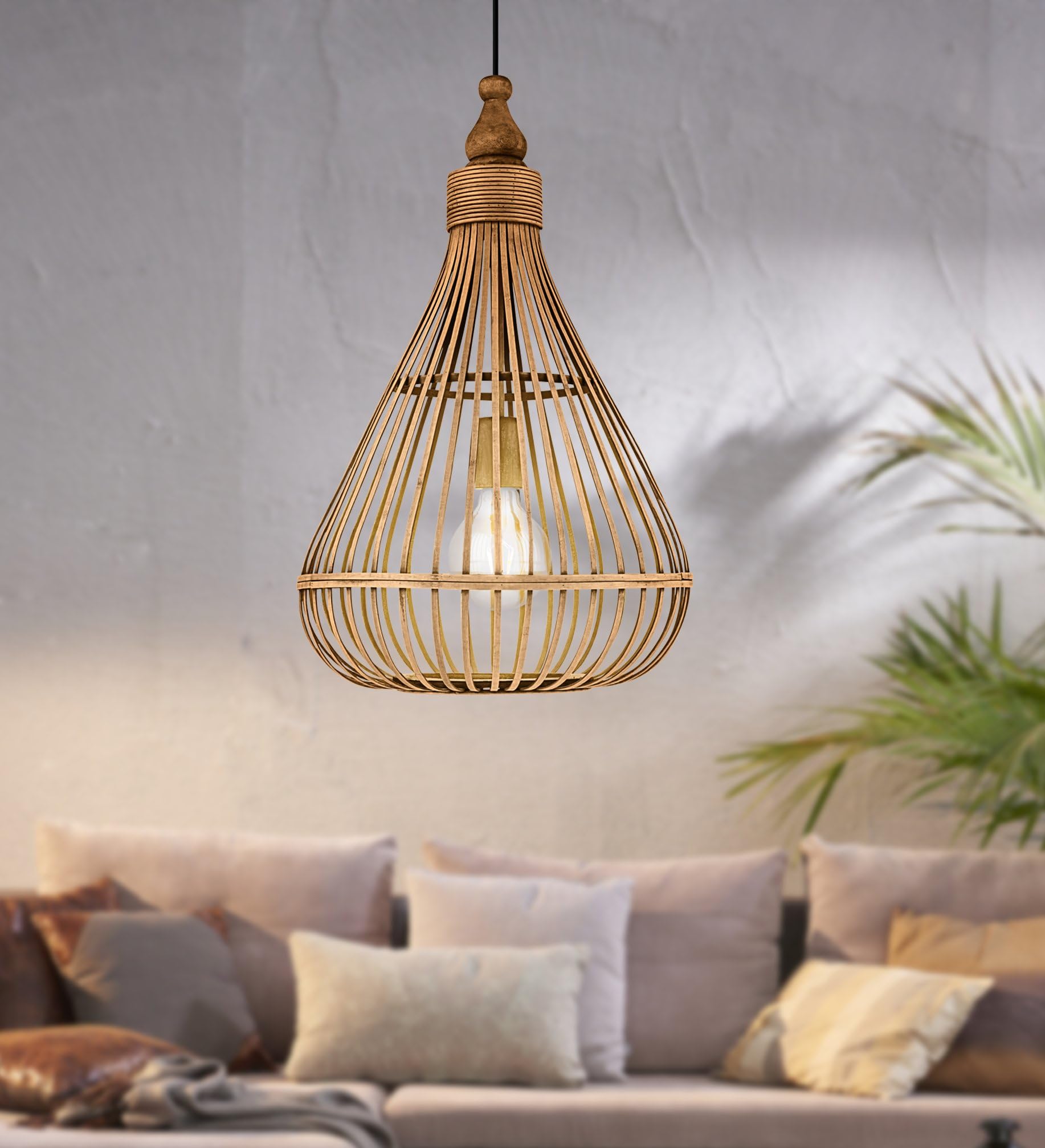 EGLO Pendelleuchte Amsfield, 1 flammige Hängelampe Vintage, Natur, Boho | Hygge, Hängeleuchte aus Stahl, Holz in Naturfarben, Esstischlampe, Wohnzimmerlampe hängend mit E27 Fassung, Ø 35 cm