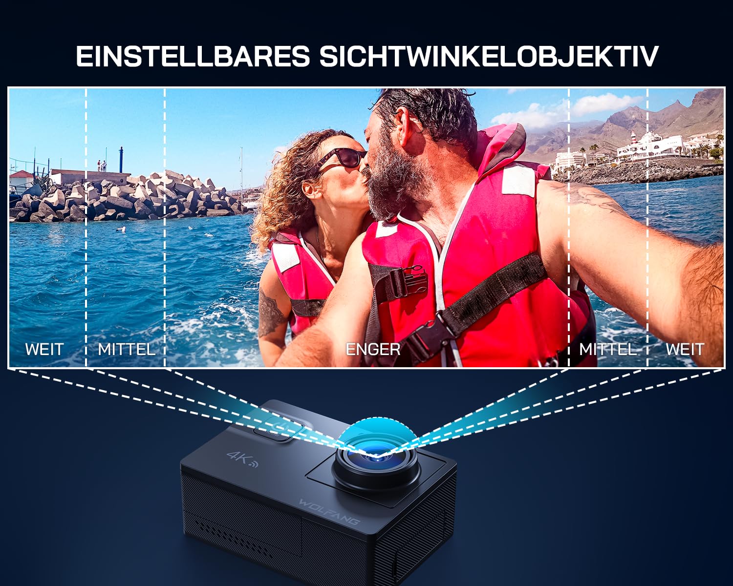 WOLFANG Action Cam,WiFi 4K 60 FPS Neue GA300 Actionkamera,8xZoom 24MP,Unterwasserkamera 40 Meter mi,Dual-Mikrofonen,170° Weitwinkel Verbesserter,EIS 2.4 G Fernbedienung,2 x 1350 mAh Akkus,Touchscreen