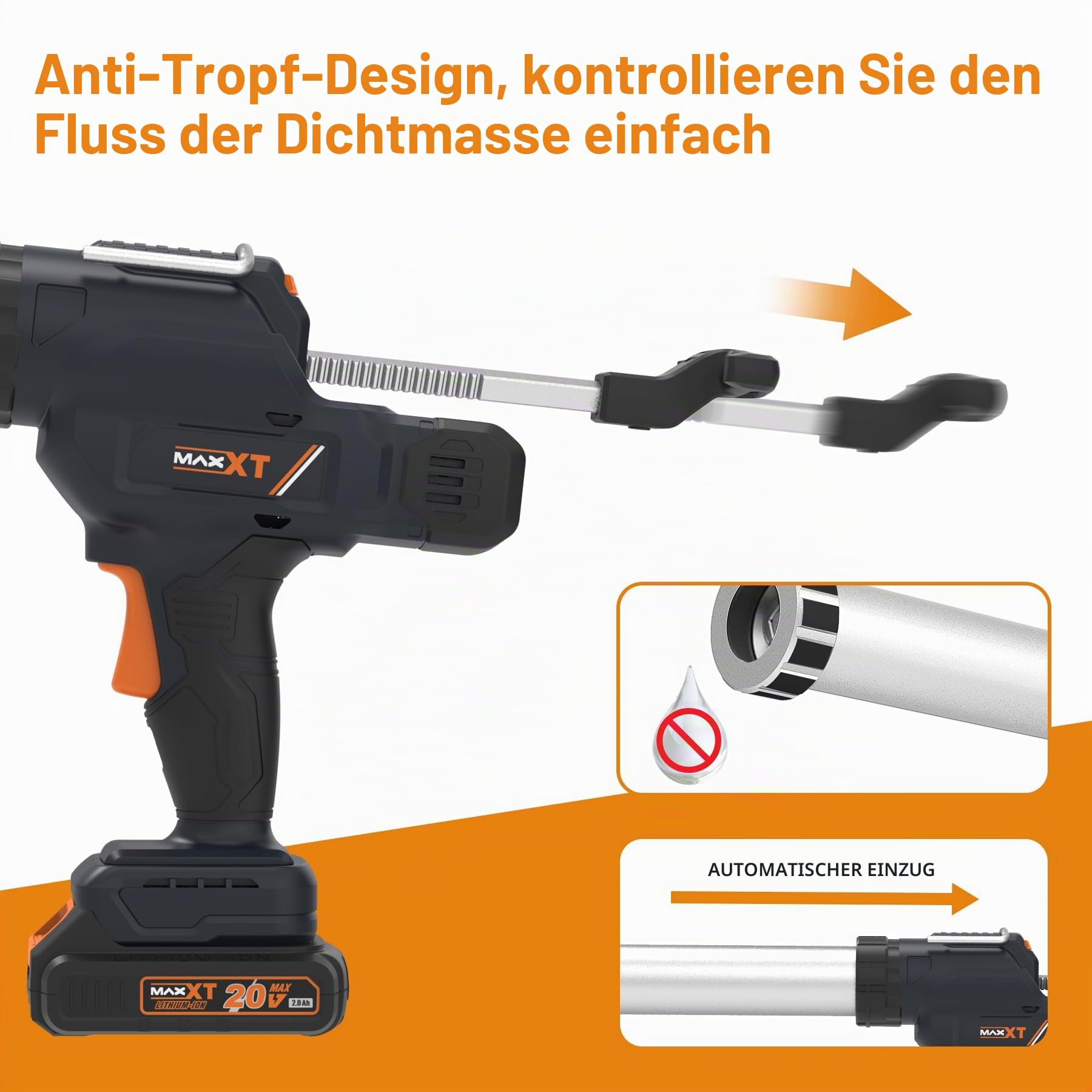 MAXXT Elektro‑Dichtungsspritze für 600 ml‑Kartuschen, 20V Silikonspritze mit 2000 mAh Akku zum Dichten und Abdichten
