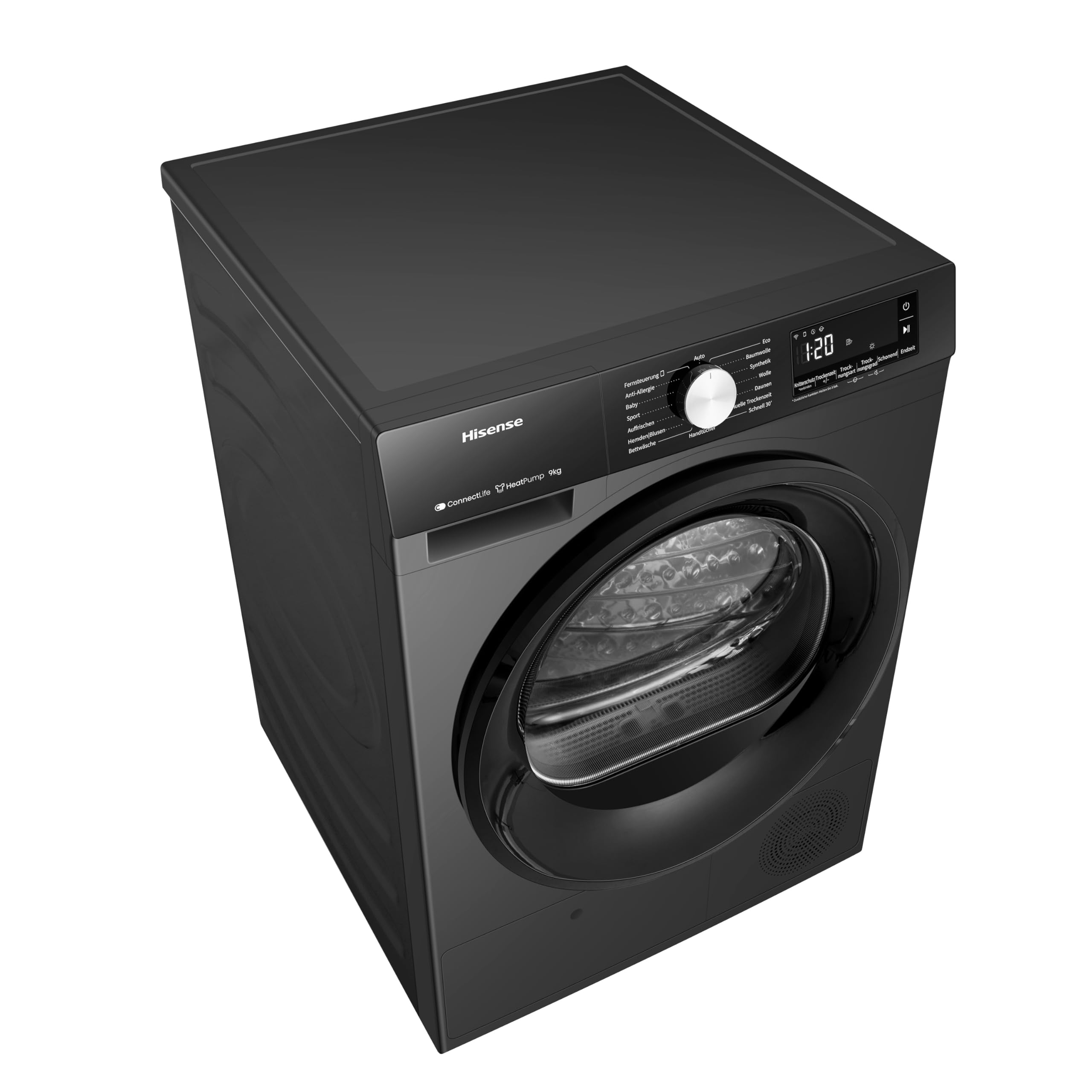 Hisense DH3S902BBCC Kondenstrockner mit Wärmepumpe / 9KG / 16 Programme/ConnectLife/Autodry/QuickDry/Allergie-Pflege/Auffrischen/TwinAir/DelayEnd/Feuchtesensor/EEK: C/Schwarz