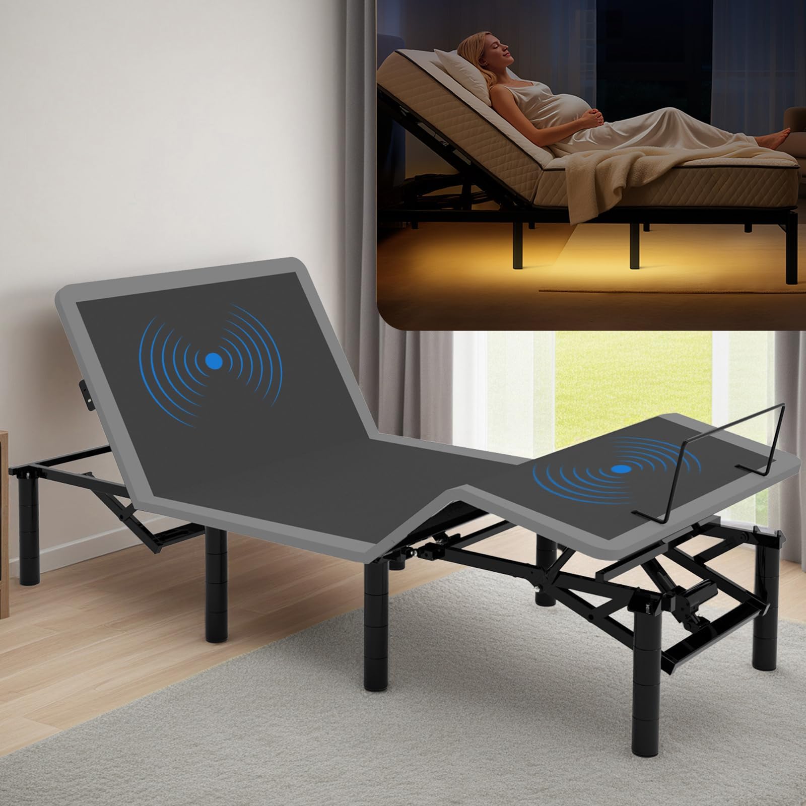 HRVEOCEI Ergonomic Queen Size Adjustable Bed Base, Metal Bed Frame Adjustable Head & Foot Incline, Zero Gravity Electric Bed Frame with Quiet Motor (Twin XL-Massage)