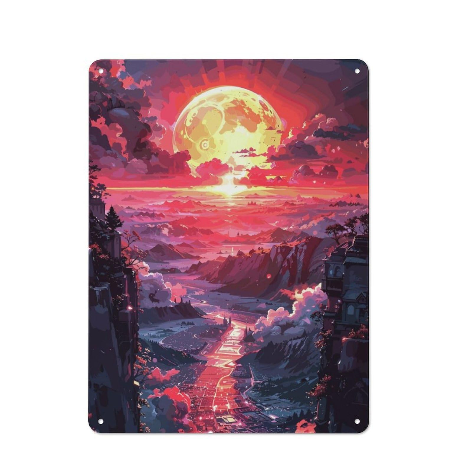 Junmoney Sunset Village Metal Wall Plaque 40X30cm, Classic Retro Room Decor For Bedroom, Office, Home Bar Or Dining Room