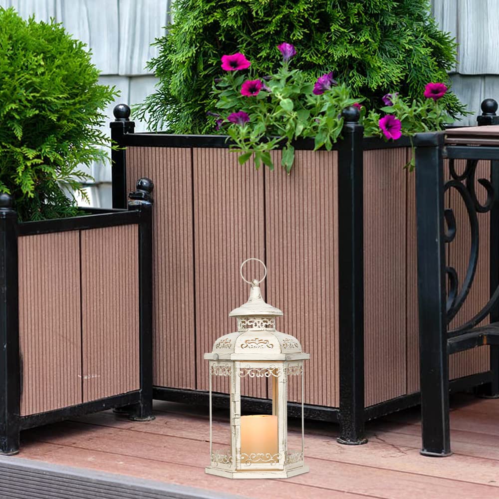 NEEDOMO Large Decorative Candle Lanterns Indoor, 15" Outdoor Hanging Lanterns with Tempered Glass, White Metal Candle Holder Lantern Decor for Patio Front Porch, Farmhouse Wedding Shelf, Table Decor