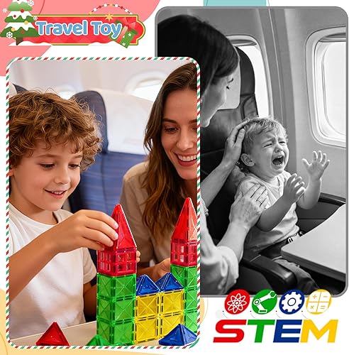 Vista 3 de Crenova - Mini juguetes de viaje para niños pequeños, mini azulejos, 60 bloques de construcción magnéticos para niños, juguetes y juegos, juguete