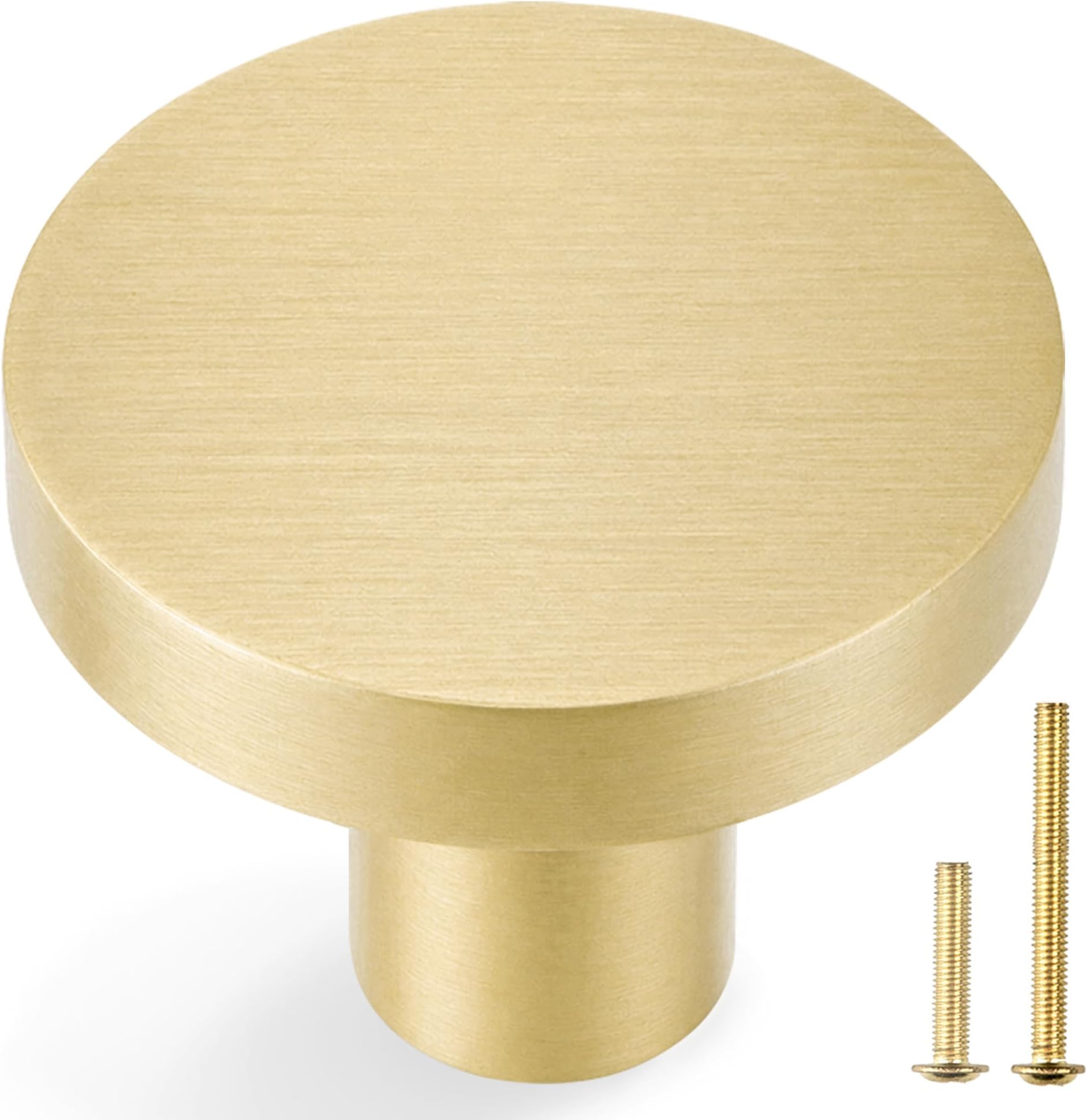 QOGRISUN 10 Pack Solid Brushed Brass Cabinet Knobs, Round Gold, 1-3/16 Inch | Brushed Gold Finish, Fits Kitchen Cabinets, Dresser Drawers, Bathroom Vanities, Nightstands, Wardrobes, Modern Style