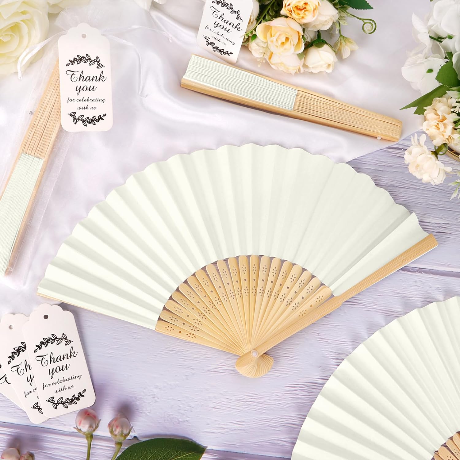 50Set Wedding Hand Fans Party Favors Cream Paper Folding Handheld Fans Bulk, DIY Bamboo Fans with Thank Tag Organza Bag for Summer Guests Bridal Dancing Props Church Decoation