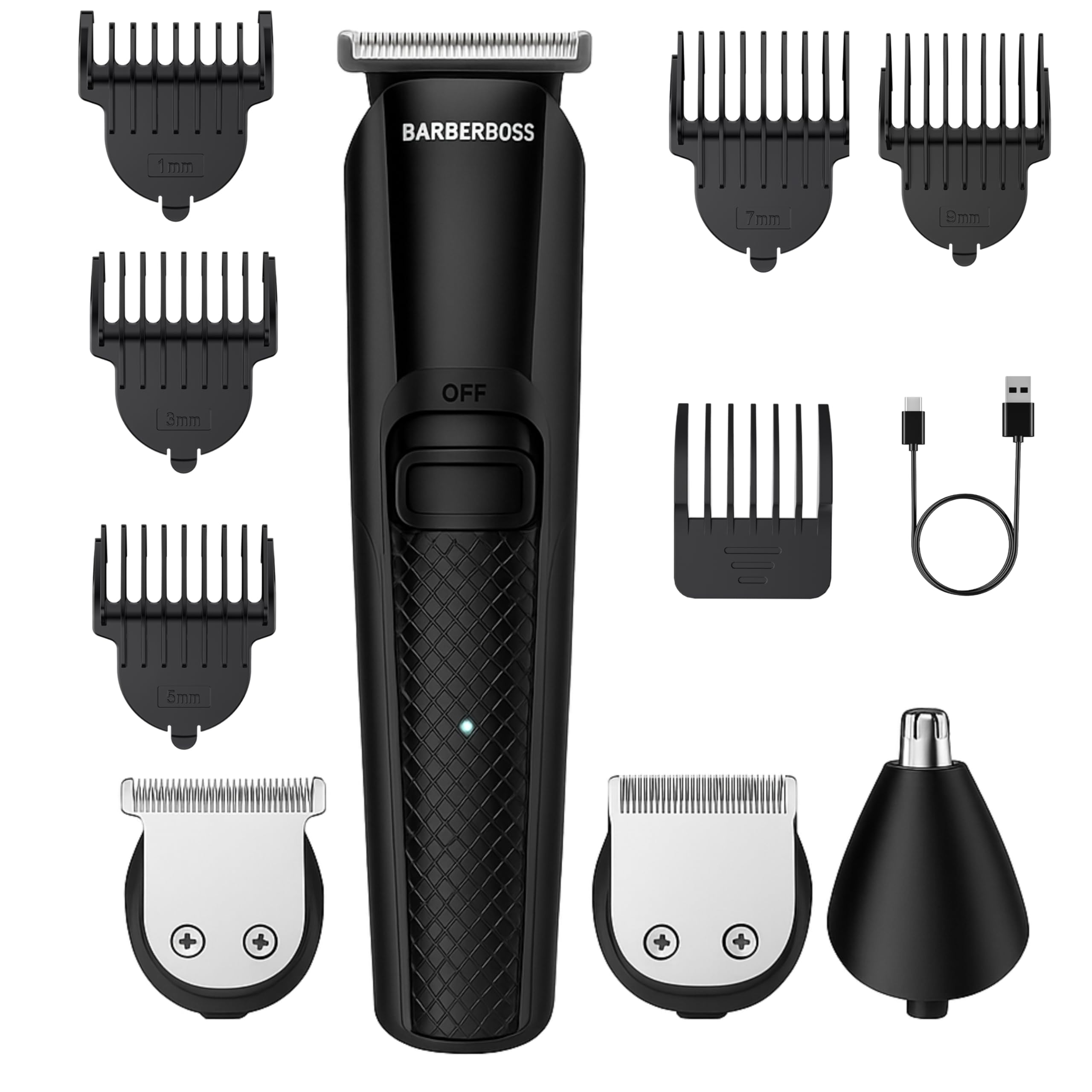 BarberBoss Men’s Cordless Trimmer Kit: Beard, Hair, Nose & Ear Groomer, 6 Guide Combs, USB Rechargeable, Ceramic-Titanium Blades, LED Charge Indicator, Waterproof Design, Men’s Clipper (Black)