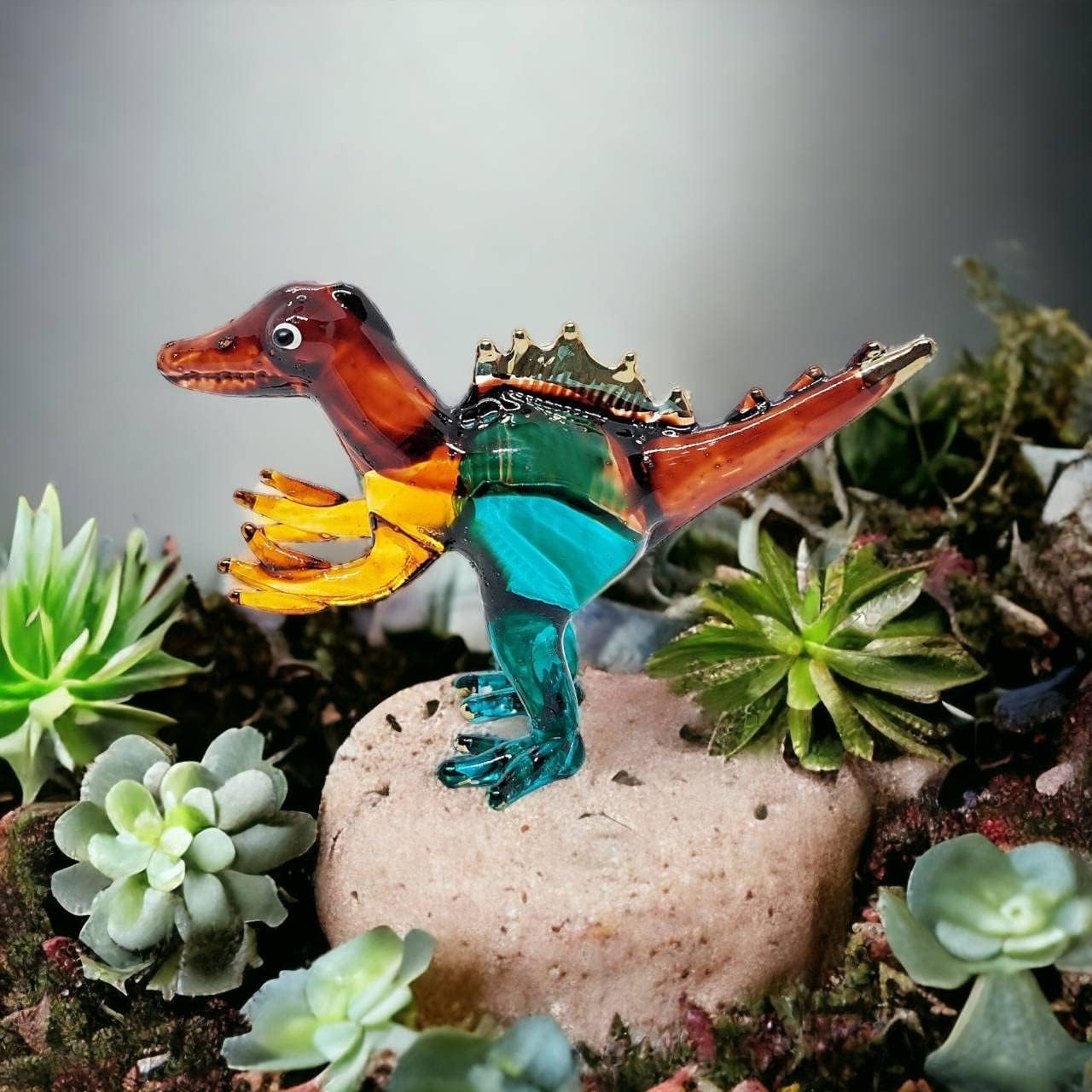 Tiny 2½" Brown Blue Yellow Spinosaurus Dinosaur Figurine - Miniature Hand Blown Glass Dino Prehistoric Reptile Crystal Animals Small Decorative Collectible Figures Décor Gifts image 4