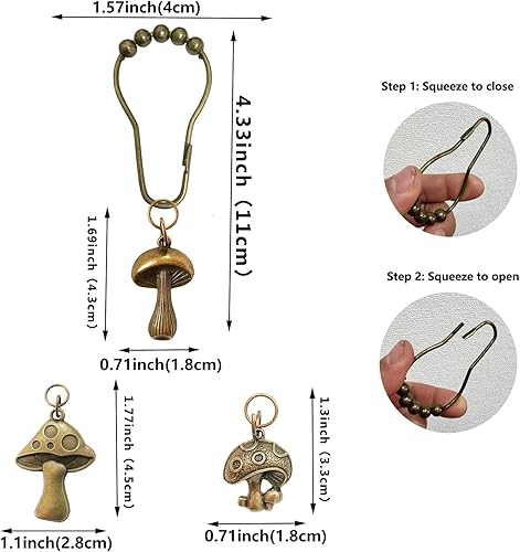 Miniatura 3 de Ganchos para cortina de ducha de hongos, 12 piezas de metal a prueba de óxido, lindos anillos retro para cortina de ducha con hongos para decoración