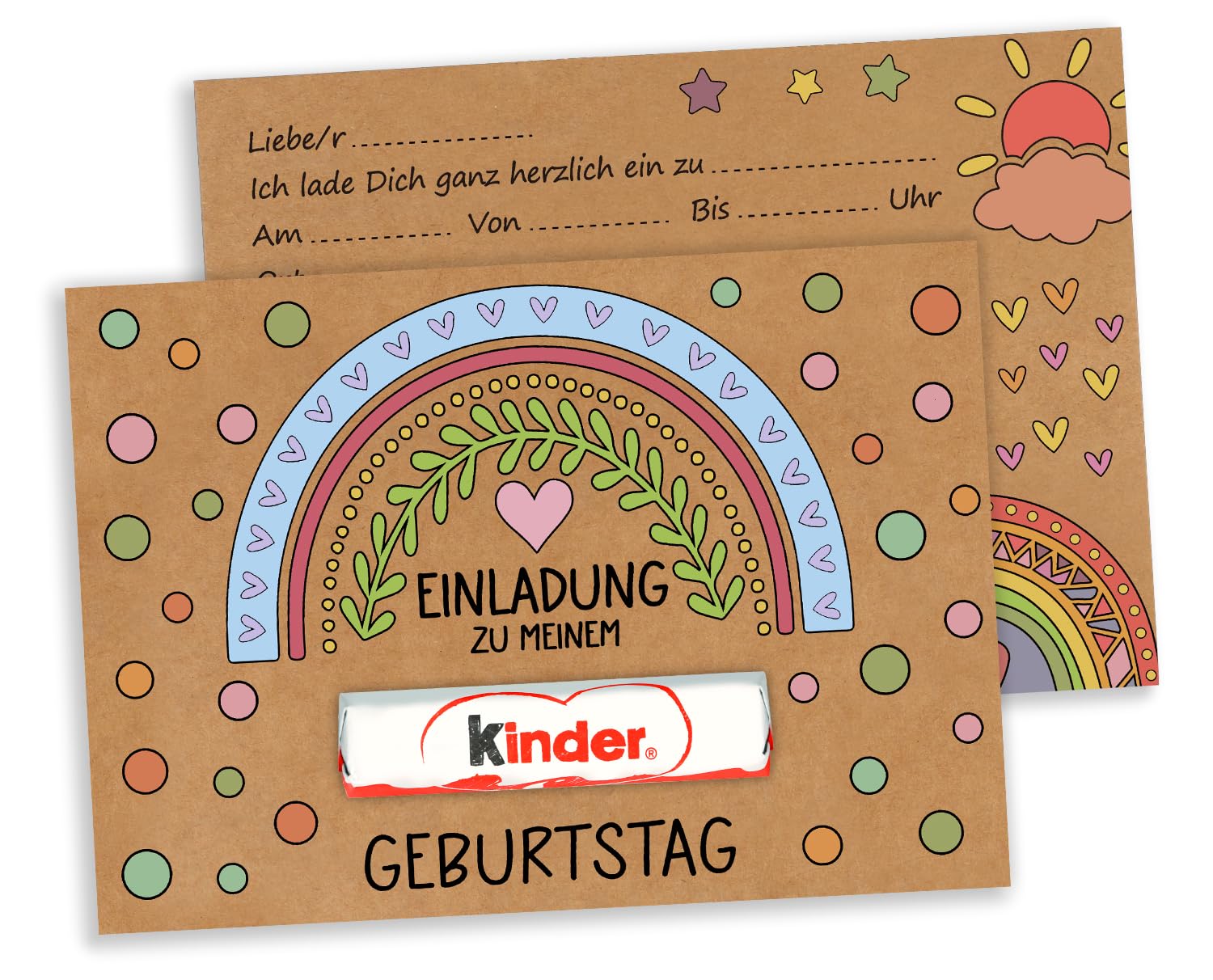 Giftota 15 Einladungskarten Kindergeburtstag Mädchen Junge, DIN A6 Kraftpapier Einladungen mit Regenbogen-Herz-Motiven, Witzige Geburtstagseinladungen Kinder, Ohne Kinderschokolade, Duplo-Geschenk