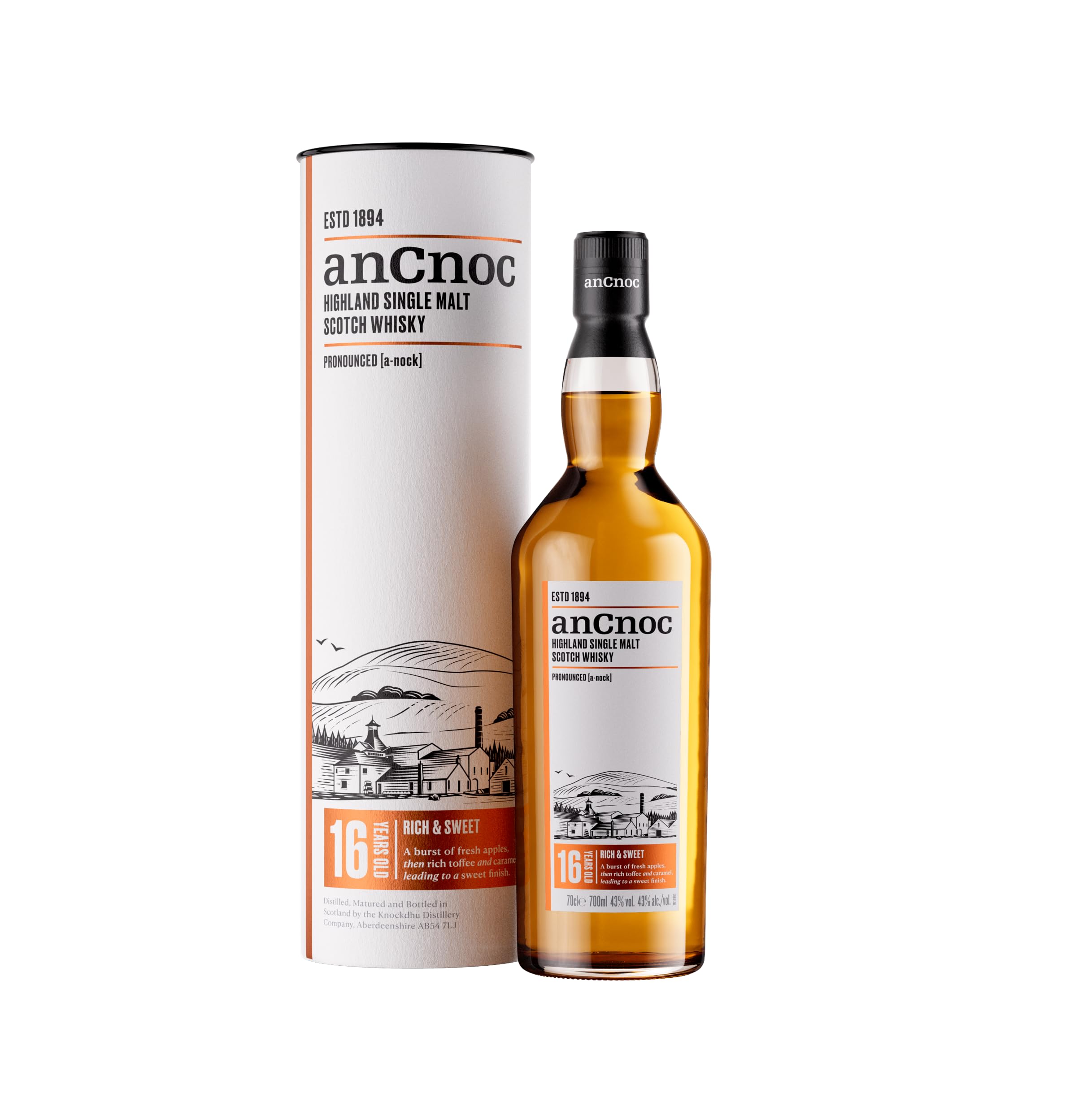 AnCnoc 16 Years Old Single Malt – 16 Jahre gereifter schottischer Whisky aus den Highlands in der Geschenkverpackung mit 46% vol. Alkohol (1 x 0,7l)