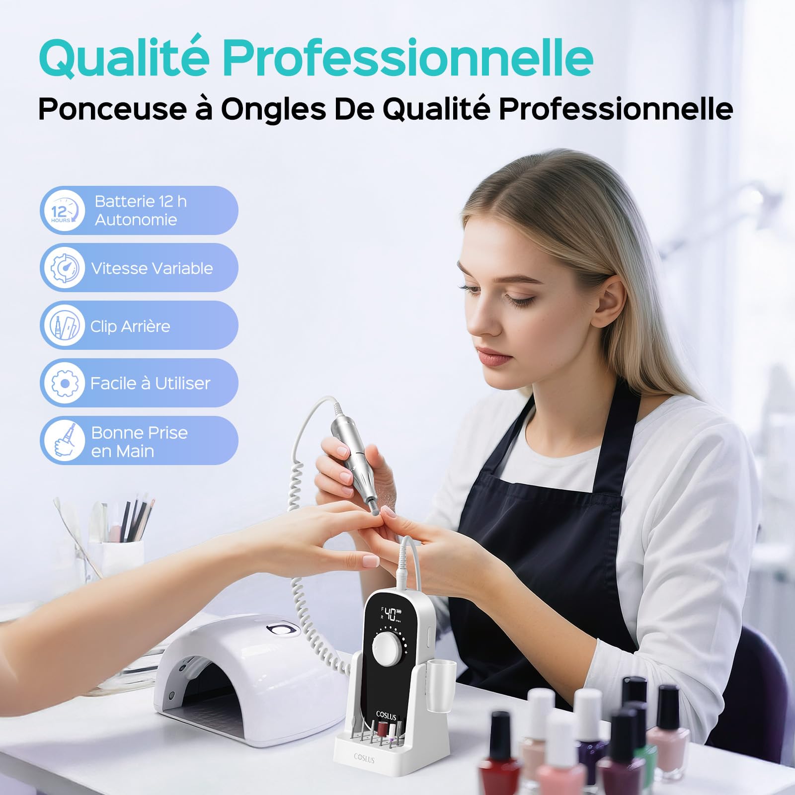 COSLUS E51 Ponceuse Pour Ongles Professionnelle: 40000 RPM Ensemble de Lime a Ongle Electrique 6 en 1 Pour Ongles en Gel et Ongles en Acrylique, Idéal Pour le Salon et La Maison Portable et Silencieux