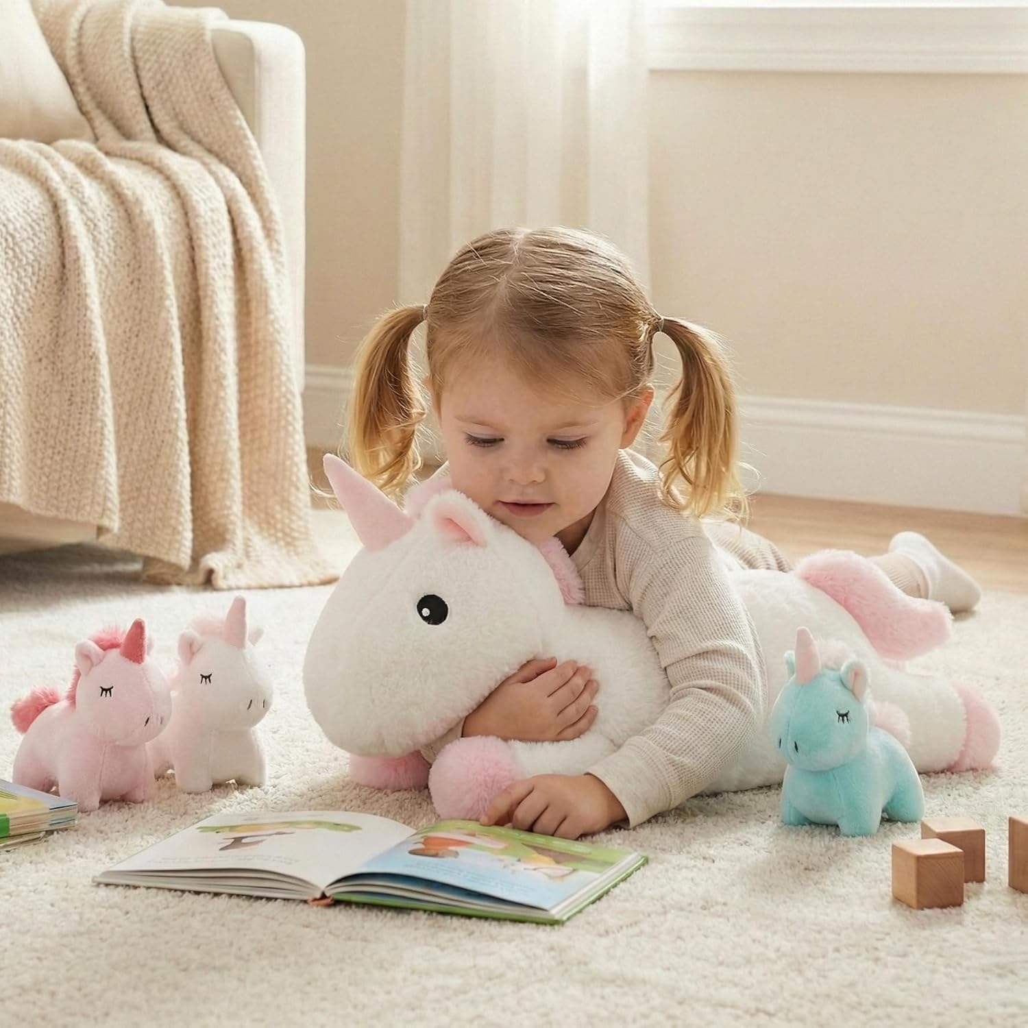 WEIGEDU Unicorn Toys for Girls Ages 1 2 3 4 5 6 7 8 Years, Mommy Stuffed Animal with 3 Babies Unicorns in Her Tummy, Soft Plush Toys Set for Baby Toddler Kids Valentines Birthday Gifts