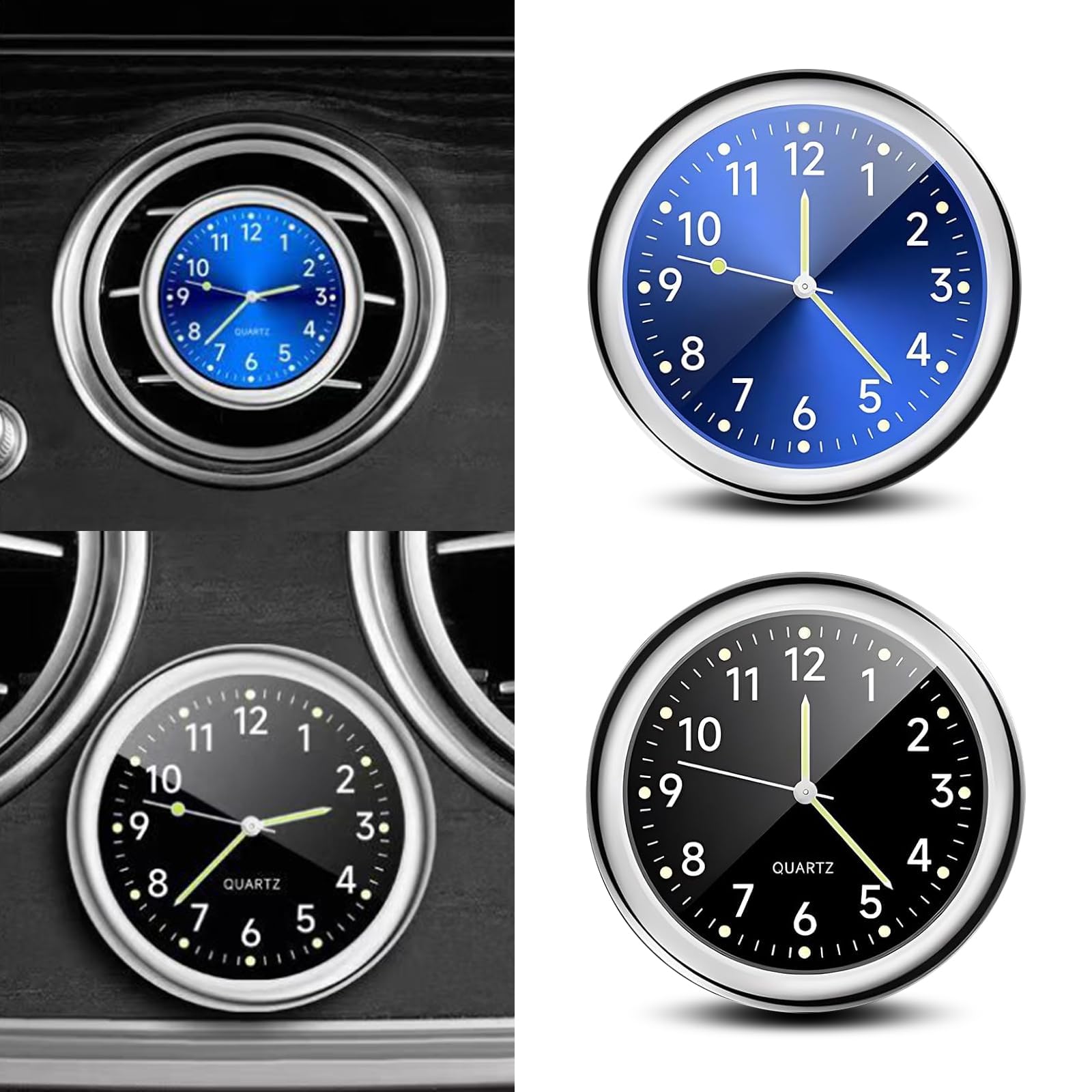 nodteem Pack-2 Car 1.5" Round Mini Clock, Alloy Luminous High-Precision Clear Indication Clock Accessories, Waterproof Quartz Clock Instrument Decoration, Unviersal for Cars Accessory (Black & Blue)