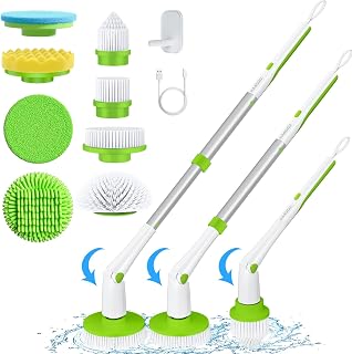MABOGU Electric Spin Scrubber,Power Scrubber with 8 Replaceable Brush Heads, Adjustable Extension Handle and Scrubber Speeds, Shower Scrubber for Cleaning Bathroom Tile Floor(Green)