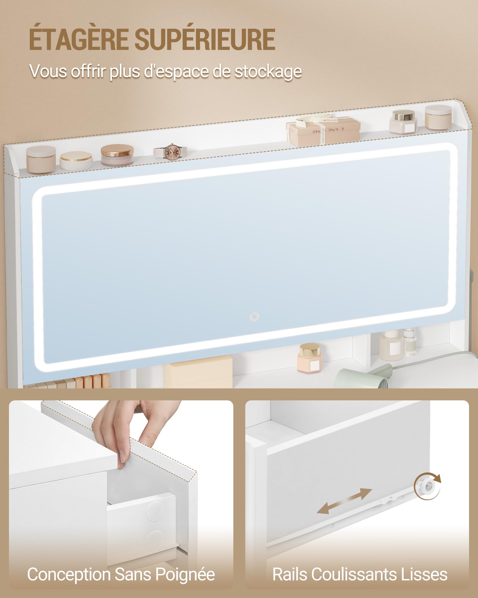 Hzuaneri Coiffeuse avec Grand Miroir HD, Coiffeuse avec 3 Lumières LED à Couleurs Réglables, 11 Tiroirs, 3 Compartiments de Rangement et 1 étagère Supérieure, de Chambre, Blanc DT43003XEU