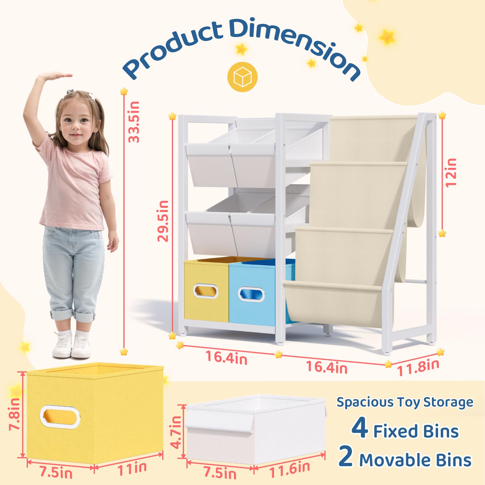 Estantería organizadora de juguetes para niños, estante para libros para habitaciones de niños, 6 contenedores de juguetes para niños y 3 eslingas para niños, estantería Montessori para guardería 2