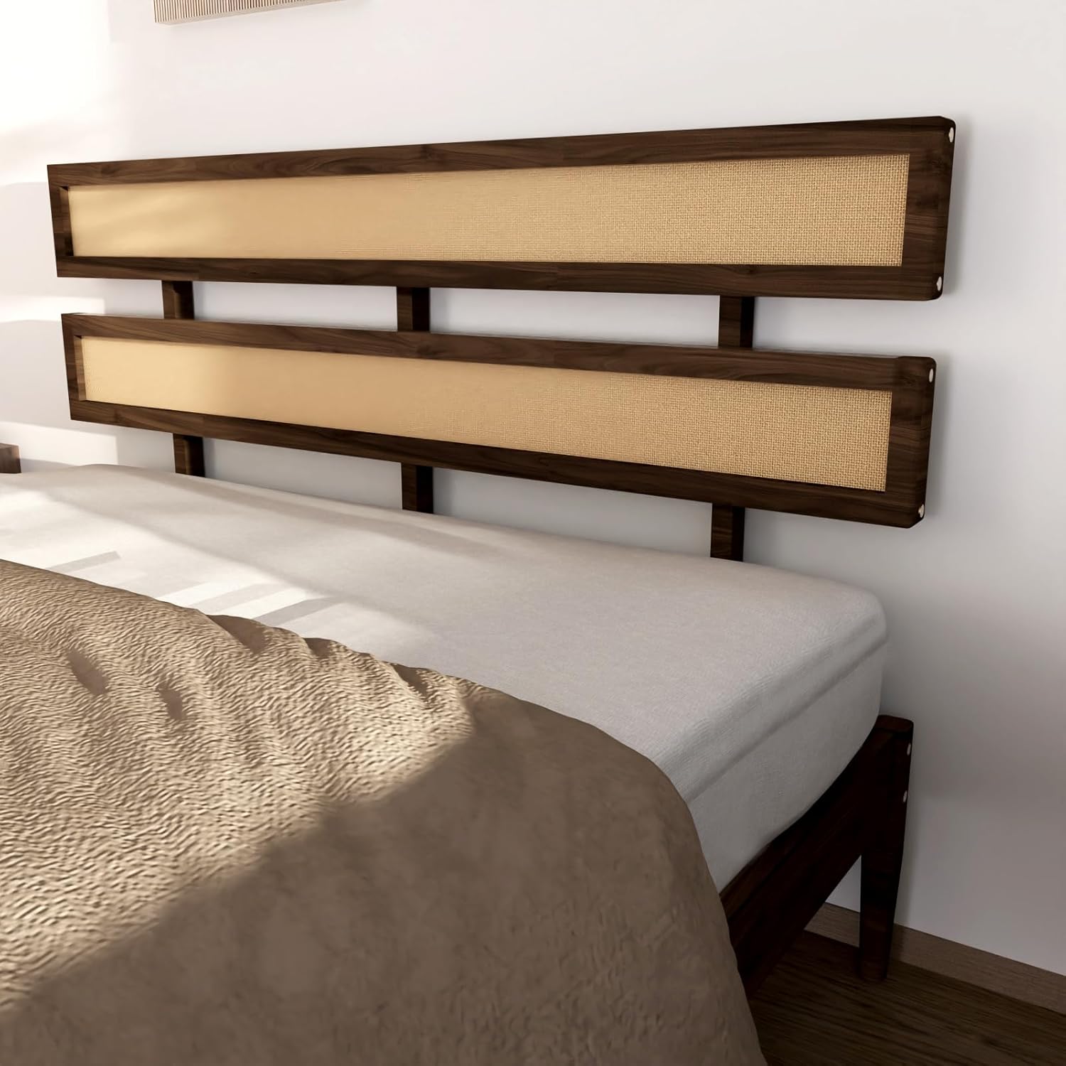 Karl home Bohemia Wood Bed Frame, Queen Size Platform Bed with Rattan Slatted Headboard, Mid-Century Retro Style, Noise-Free Slat Support, No Box Spring Needed, for Bedroom, Guestroom, Walnut Brown