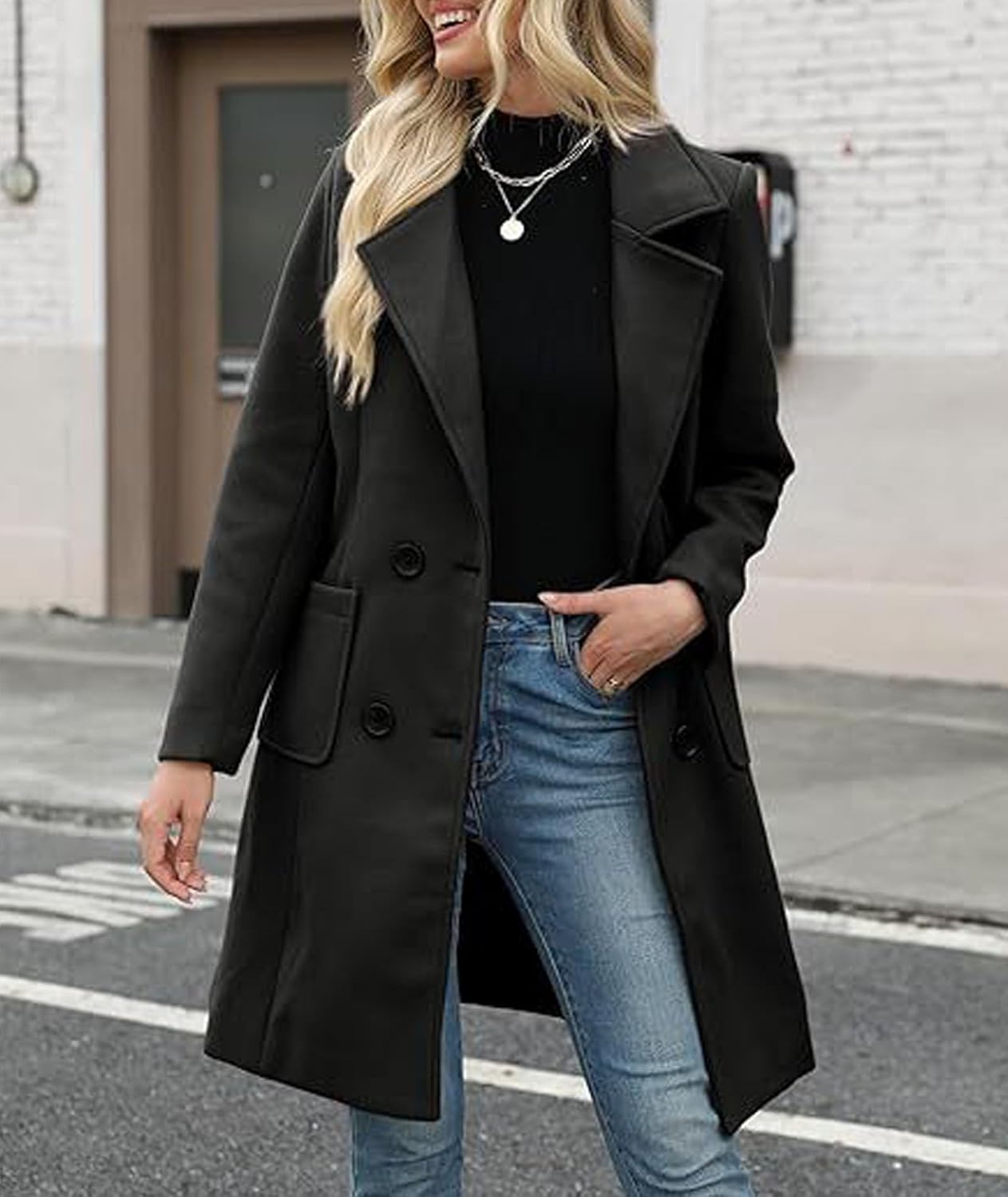 ECDAHICC Women's Winter Overcoat Long Lapel Collar Double-Breasted Midi Peacoat Casual Coat with Pockets - Image 2