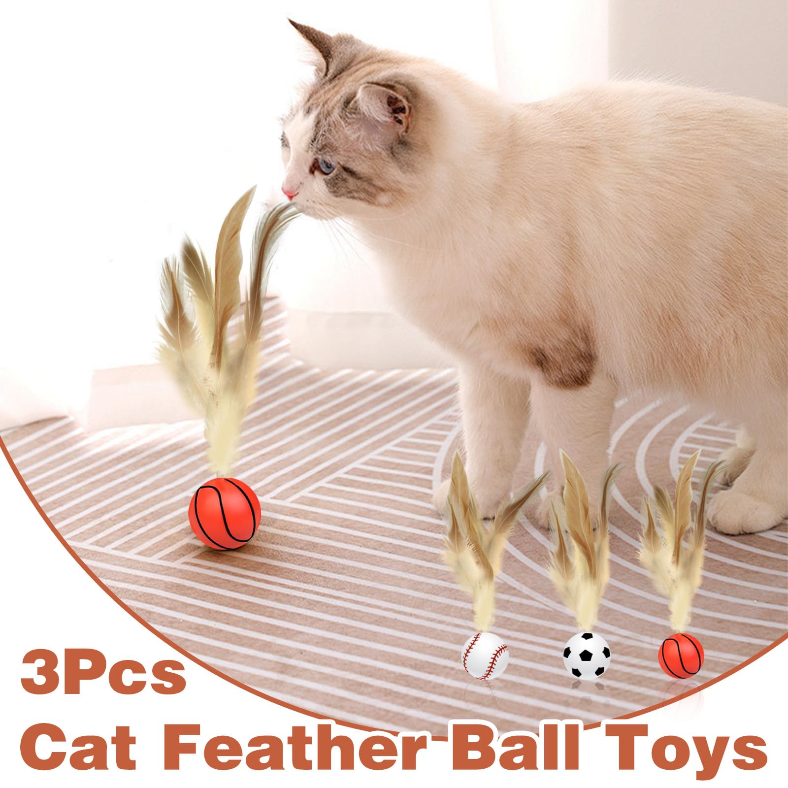 HINGTAI 3 Pcs Cat Bouncy Feather Ball Toys Indoor Interactive Basketball Soccer Toys Adult - Image 4