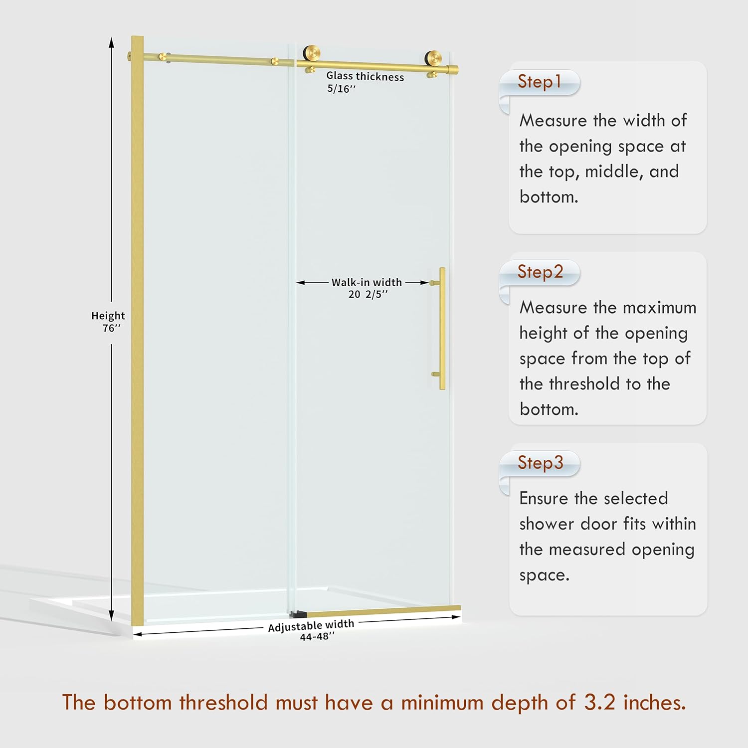 ENSO SENKA 44-48” x 76” Frameless Shower Door, 5/16" (8mm) Clear SGCC Tempered Glass, Bathroom Glass Sliding Shower Doors, Brushed Gold