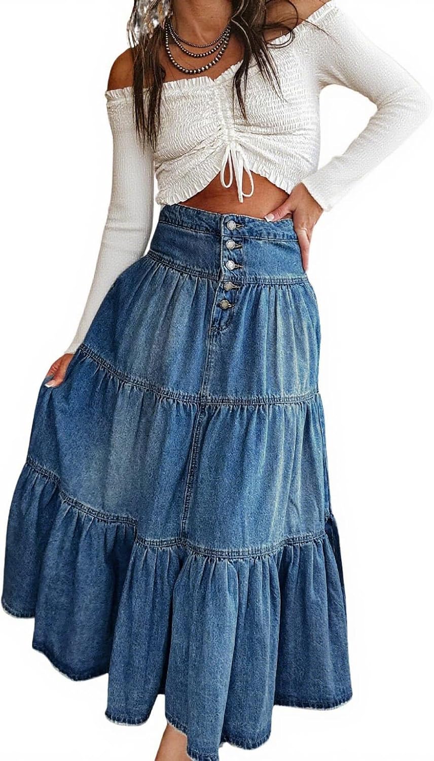 utcoco Women's High Waist Denim Midi Skirt with Pockets
