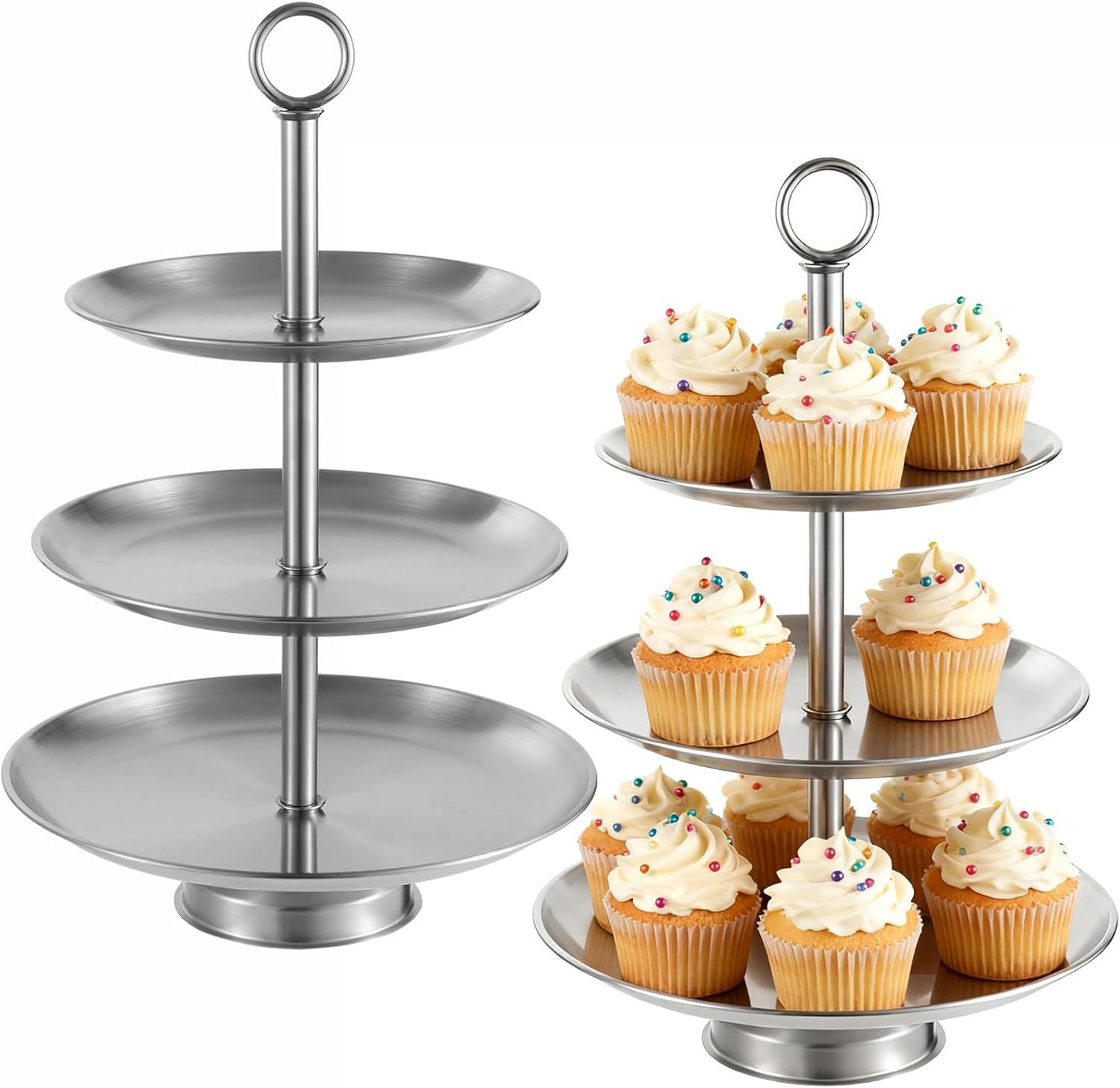 2 PCS 3-Tier Cupcake Stand, Stainless Steel Tiered Serving Tray|7.9/9.1/10.2 in Dessert Stand, Large Cake Stand, Easy Assemble Fruit Plate for Party, Total 15.6 in