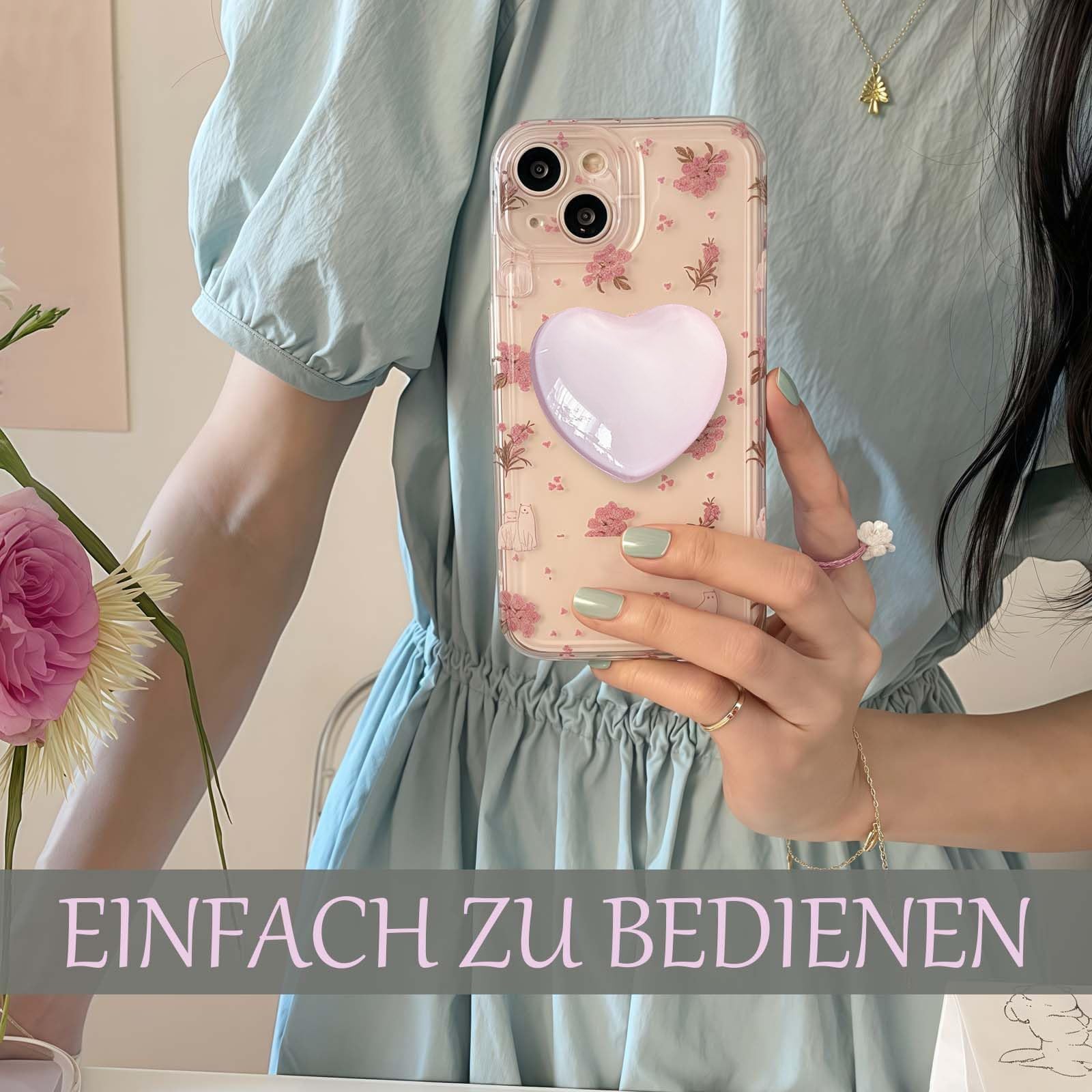 Rosa Handy Griffhalter Zum Aufkleben, Ausziehbar Mit Herz-Design – Dient Auch Als Ständer, 2 Stück