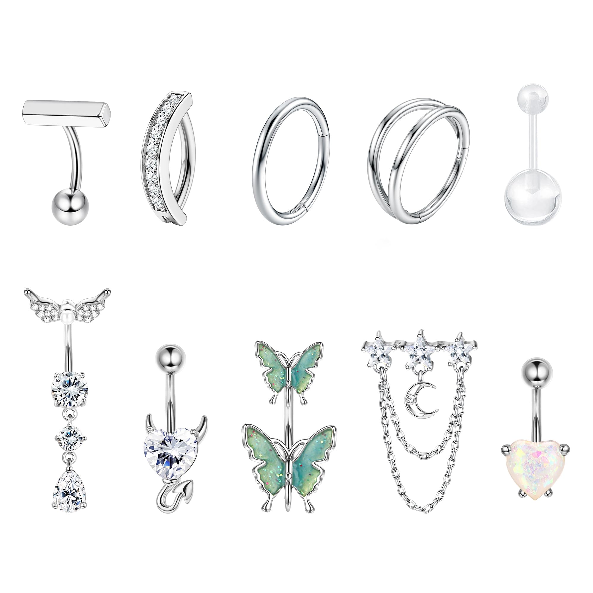 FIOROYAL 10 Piezas 14G Piercing Ombligo Acero Quirurgico Plata CZ Piercing Ombligo Anillos Aro Ópalo Corazón Mariposa Piedra de Luna Curvo Piercing Ombligo Verano Corporal Piercing Joyas