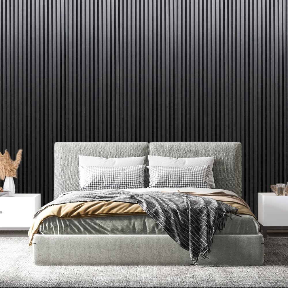 Acoustic Wall Panel Slat Design Decorative Panelling Sleek Black Shade 2400 x 600mm Sound Absorbing 3D Feature Wall