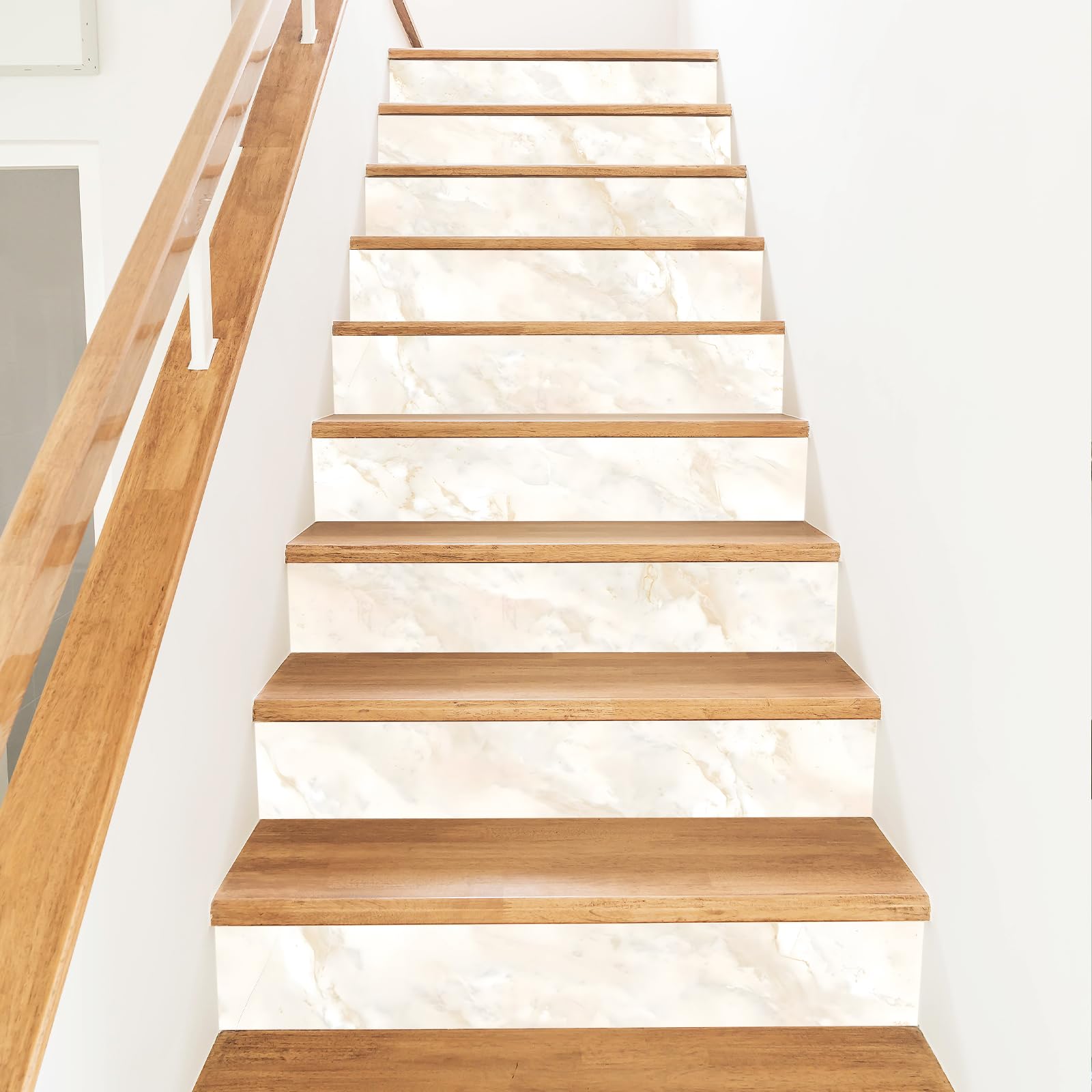 PLIGREAT 15 Strips Mordern Style Stair Riser Decals, Peel and Stick Stair Stickers for Steps 18x100cm Self-Adhesive Vinyl White Gold Marble Staircase Murals for Home Hotel Decorative