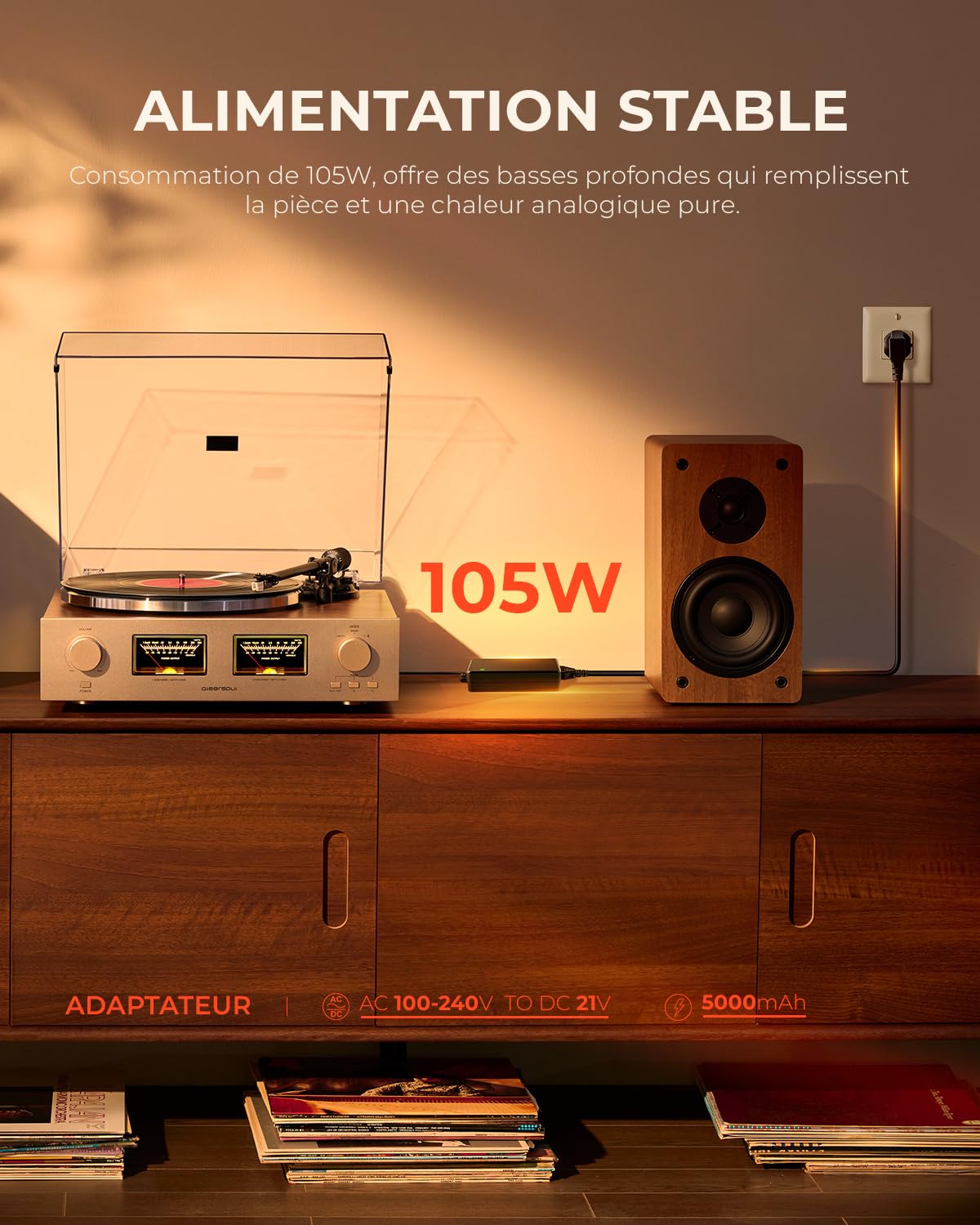 QLEARSOUL HiFire X Platine Vinyle, Système Tourne-Disque HiFi Audiophile avec Enceintes Bibliothèque 100W, VU Mètre, Préampli DSP, Compatible 33/45 RPM, RCA Line in | Out