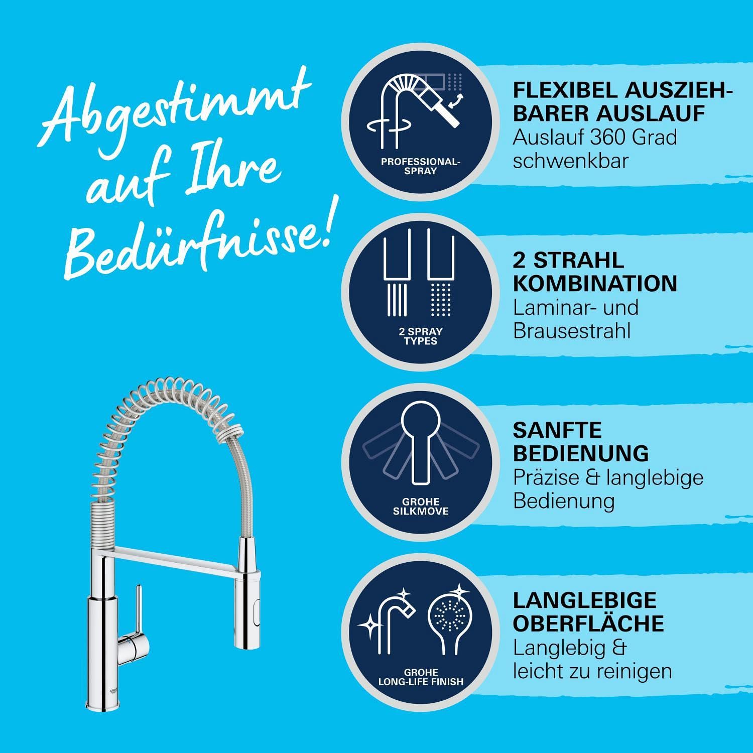GROHE Get, Küchenarmatur 2 Strahlarten (Wasserhahn Küche mit beweglicher Dualbrause, 360° schwenkbar, wassersparend dank variabler Mengenbegrenzung, werkzeugfreie Spülbecken-Montage), chrom, 30361000