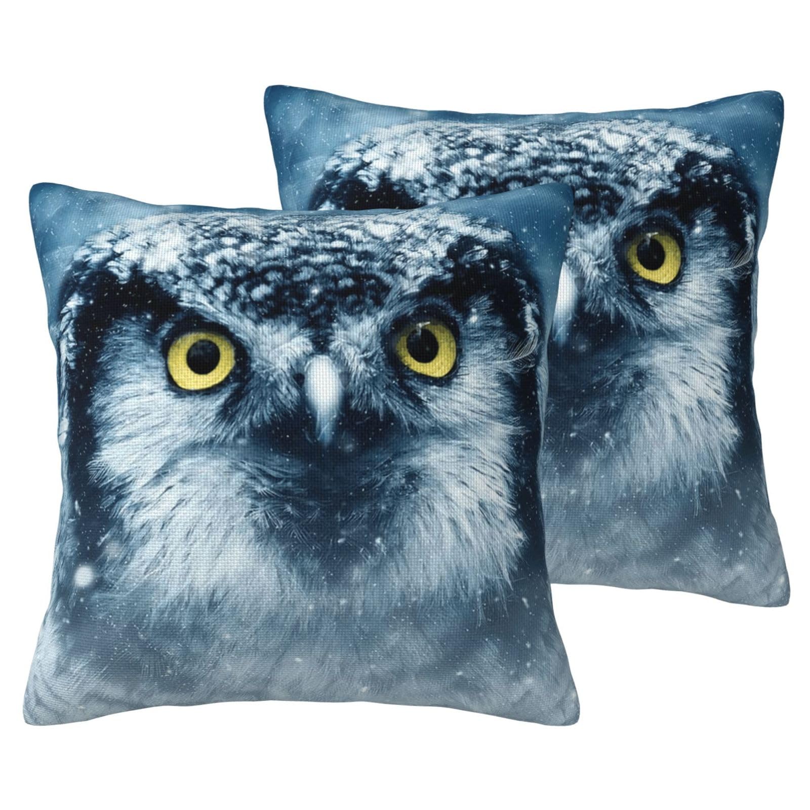 Housses de coussin imitation lin motif hibou taie decorative grise blanche 2x