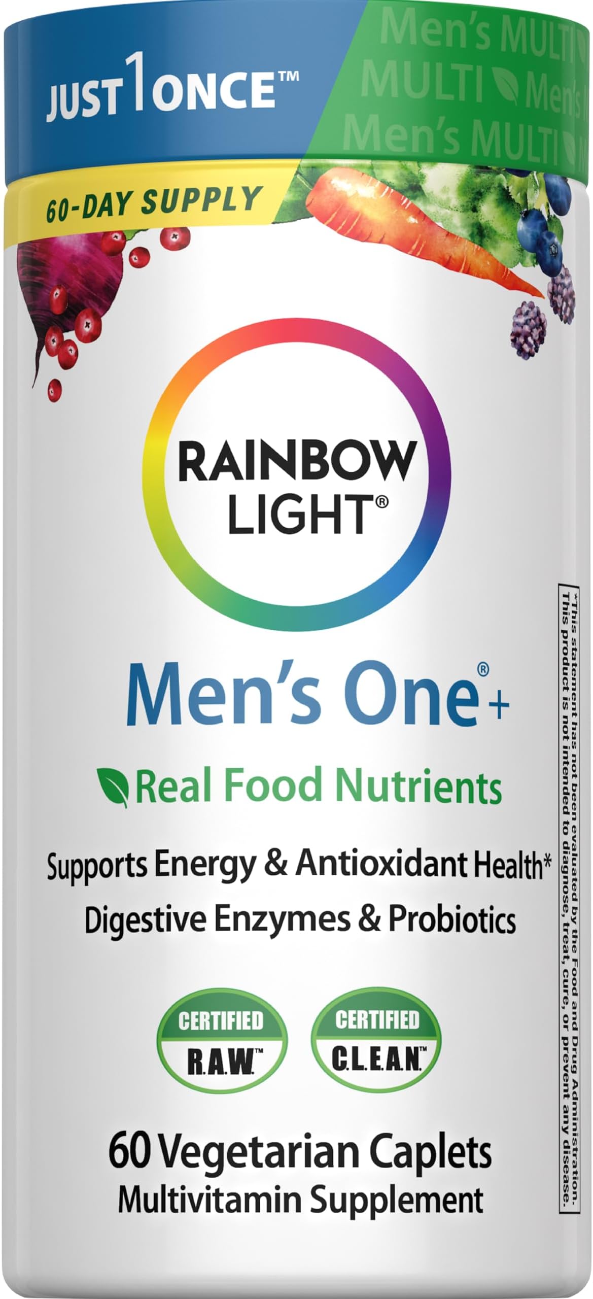 Mens Multivitamin One + | 60 Caplets | Supports Energy & Antioxidant Health | with Real Food Nutrients, Digestive Enzymes & Probiotics